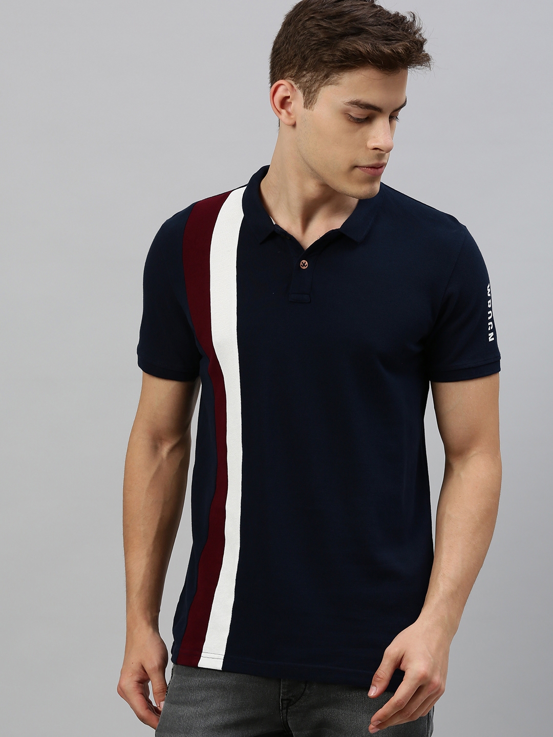 Buy WROGN Men Navy Blue White Striped Slim Fit Polo Collar Pure Cotton ...