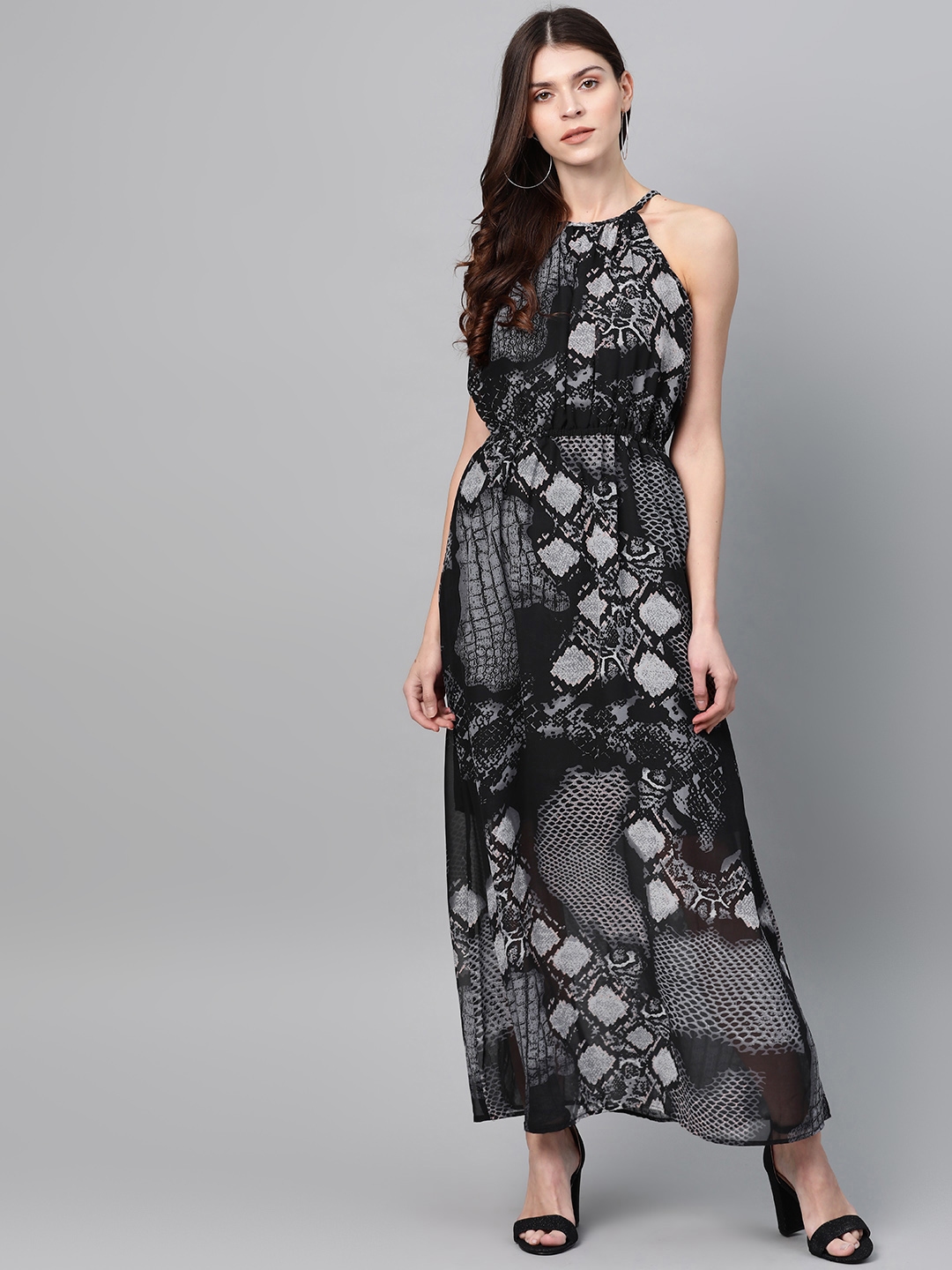 Buy Zima Leto Women Black & Charcoal Grey Printed Maxi Dress - Dresses ...