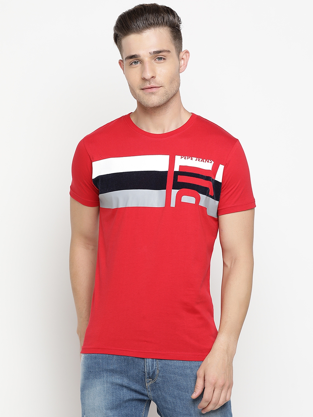 Buy Pepe Jeans Men Red Striped Round Neck T Shirt - Tshirts for Men ...