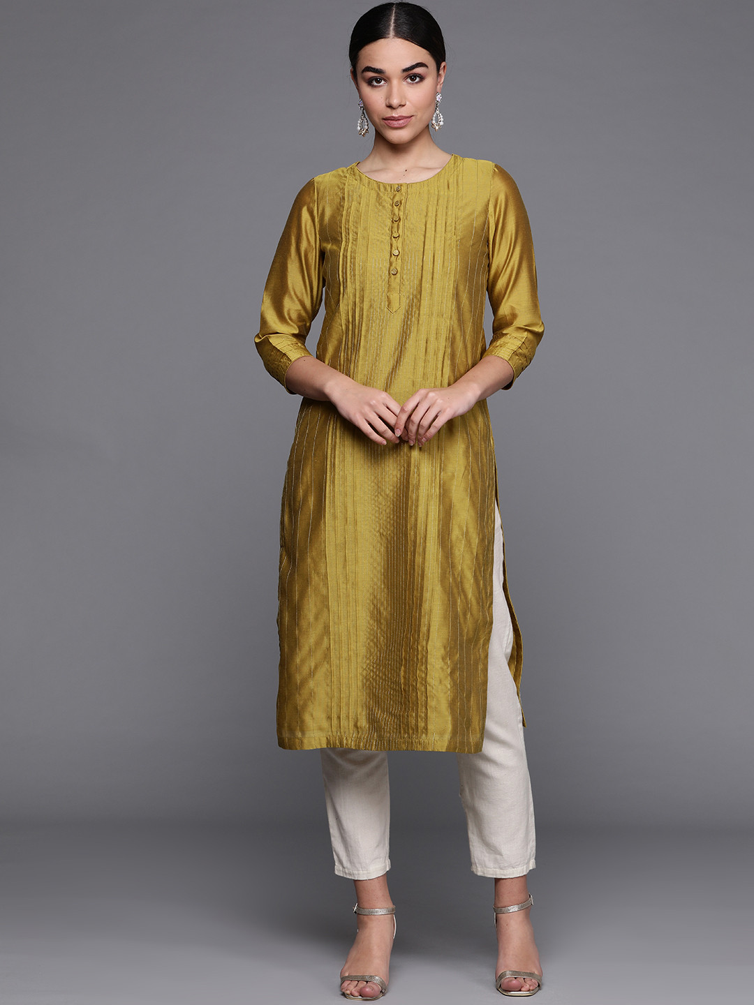 Buy Fabindia Women Mustard Yellow Striped Straight Kurta Kurtas for