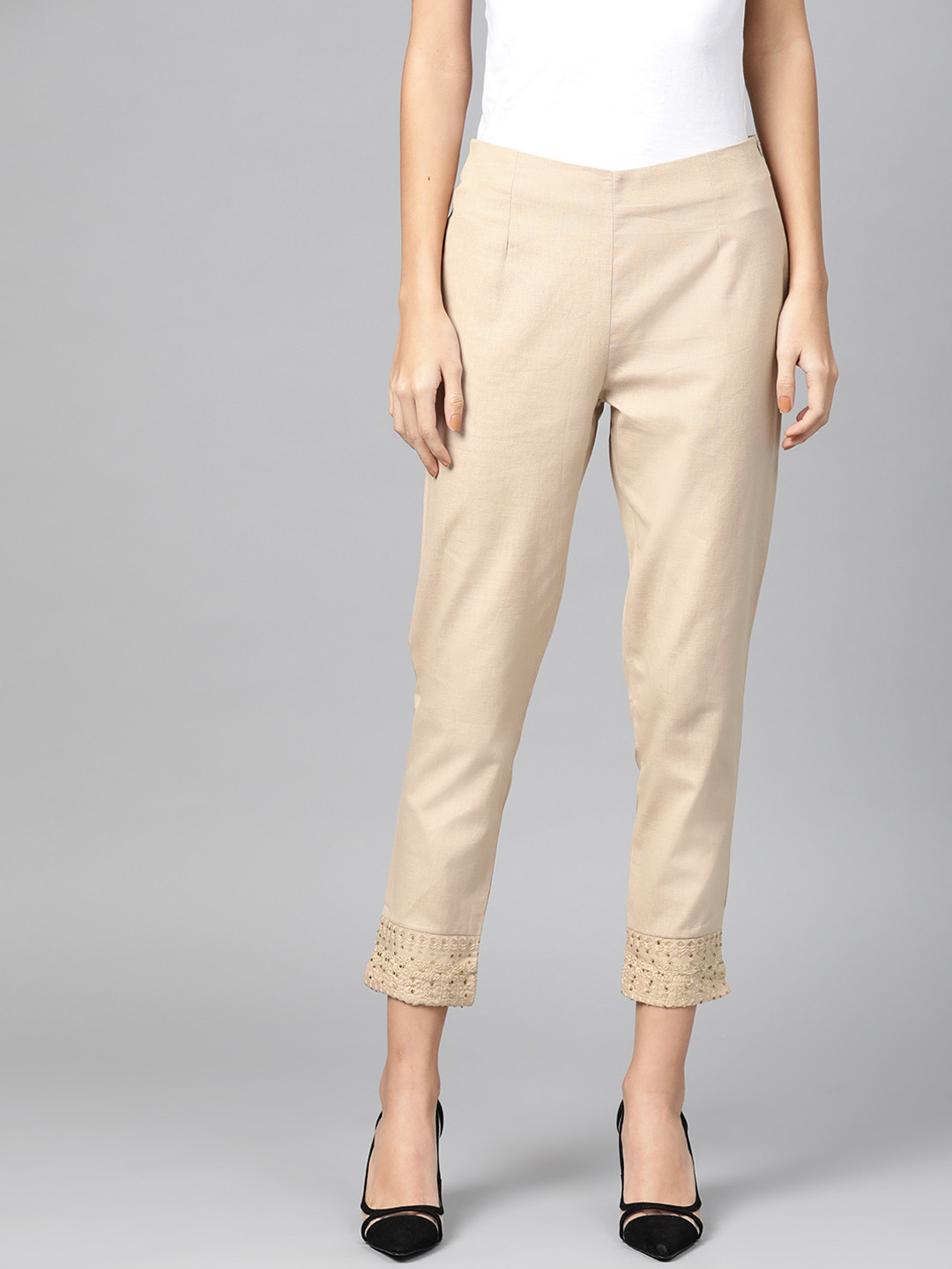 Buy W Women Beige Slim Fit Solid Regular Cropped Trousers Trousers