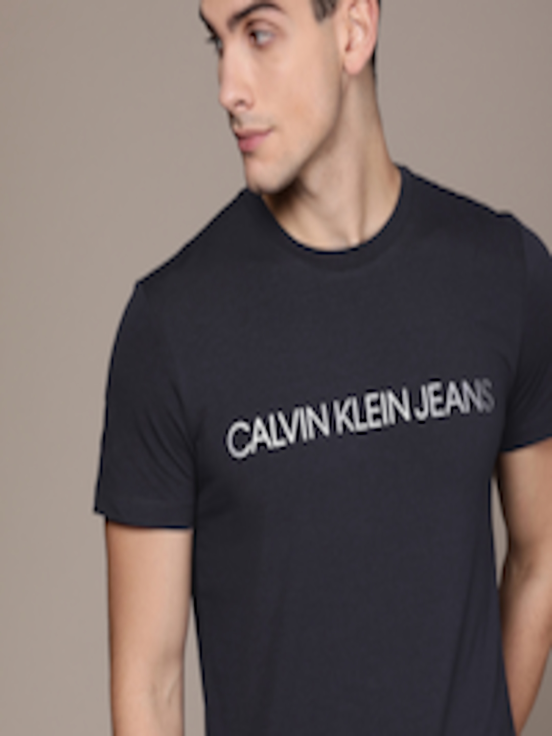 Buy Calvin Klein Jeans Men Navy Blue Printed Slim Fit Round Neck T ...