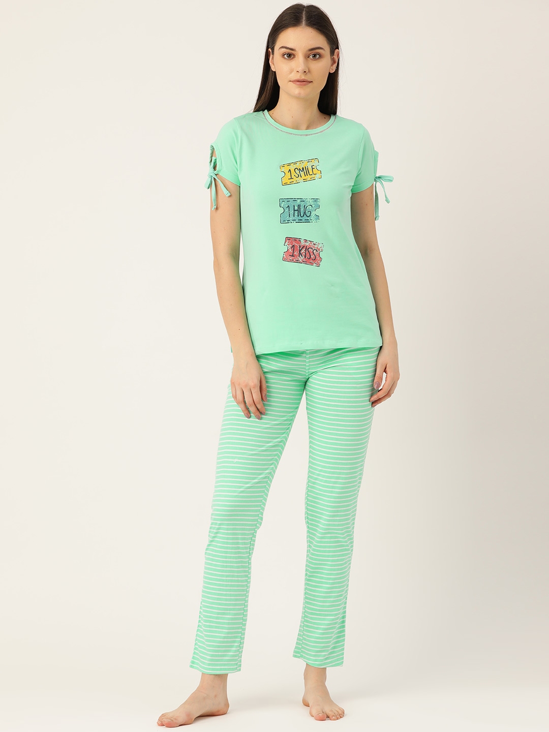 Buy Sweet Dreams Women Mint Green & White Printed Night Suit Night