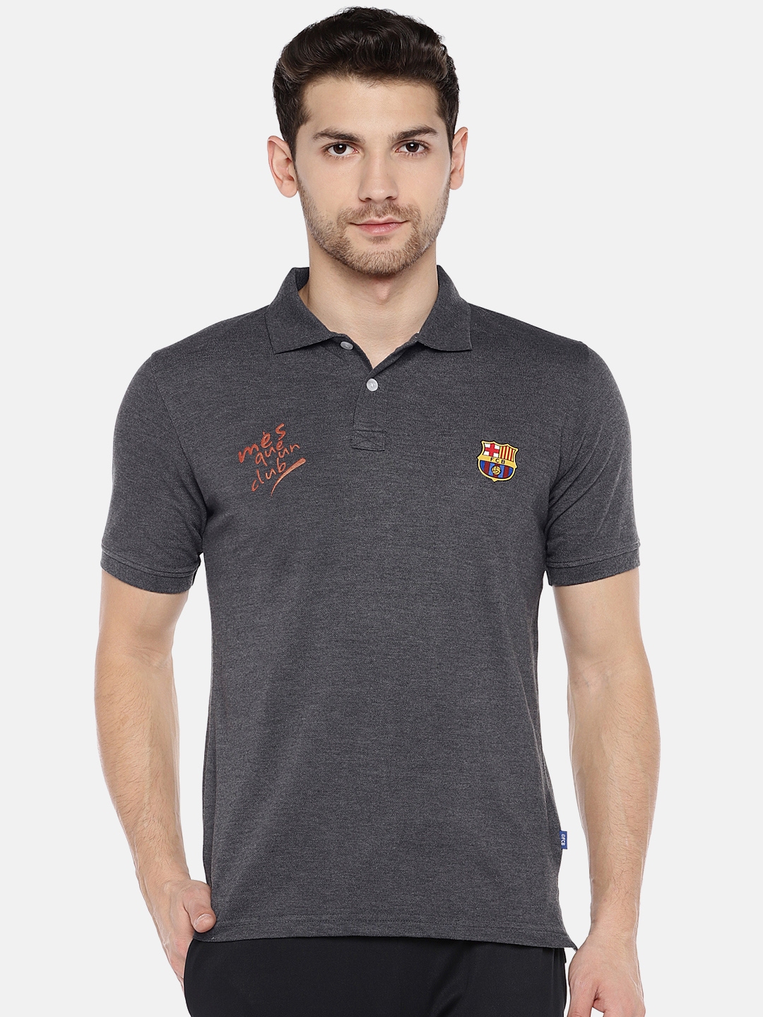 Buy FC Barcelona Men Grey Solid Polo Collar Pure Cotton T Shirt