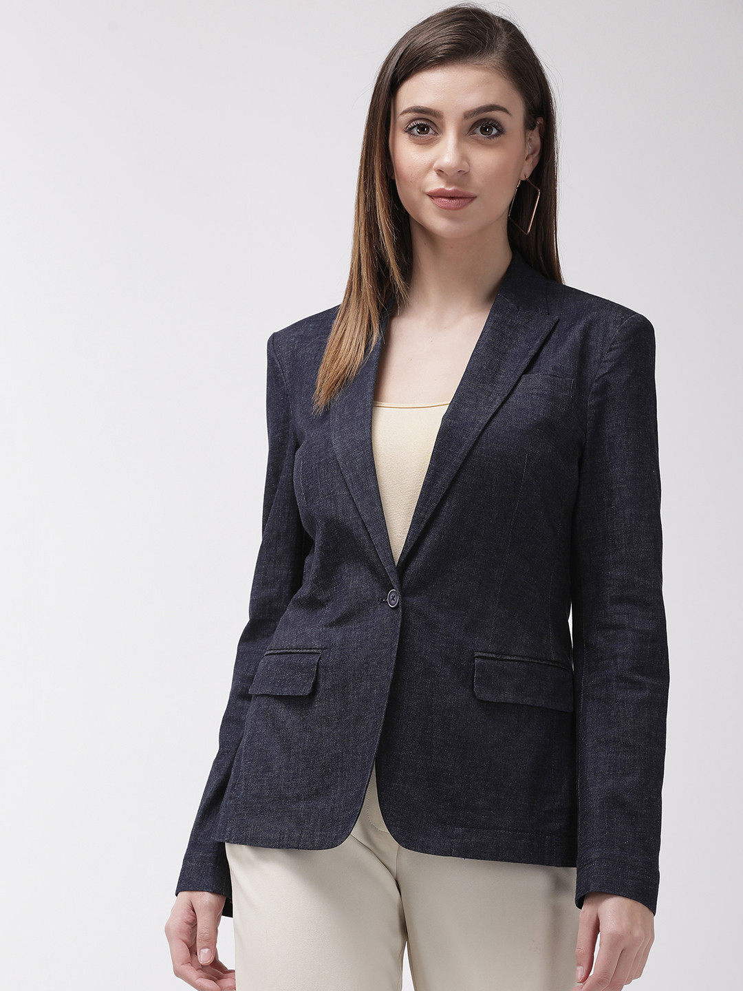 Buy Marks & Spencer Women Navy Blue Slim Fit Solid Denim Casual Blazer