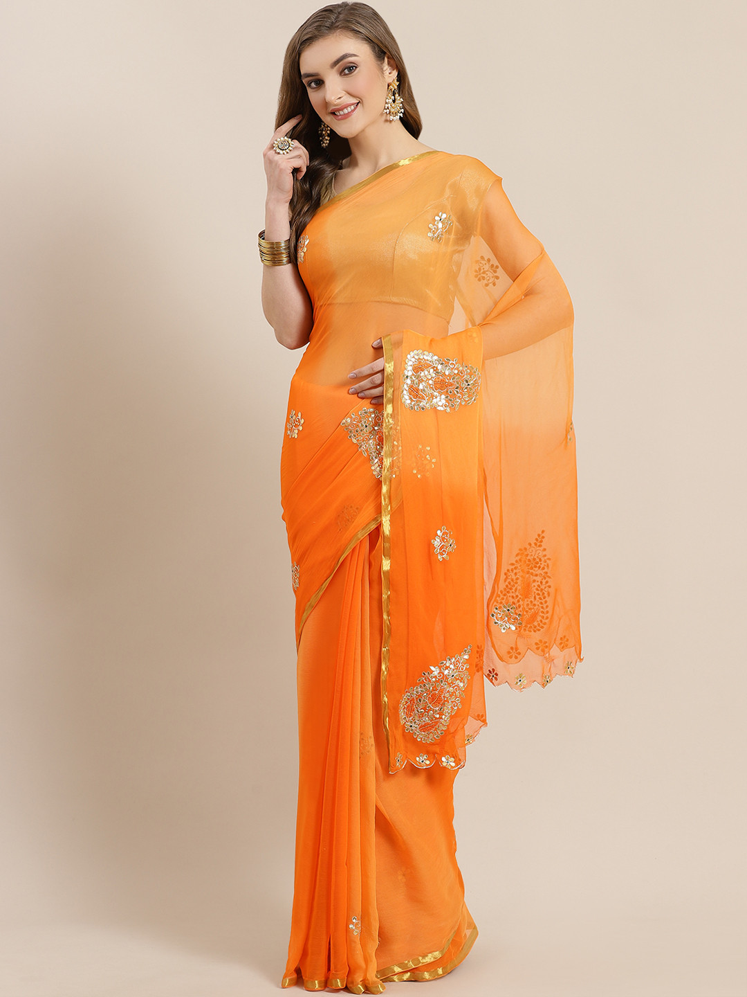 Buy Geroo Jaipur Orange Gota Patti Embellished Chiffon Sustainable