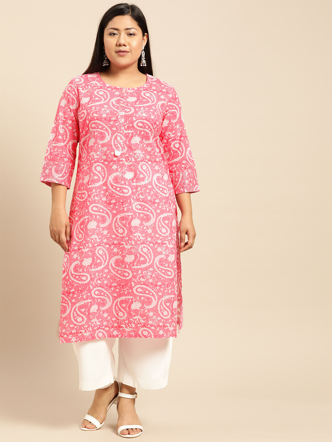 Women White & Pink Printed Kurta With Trousers