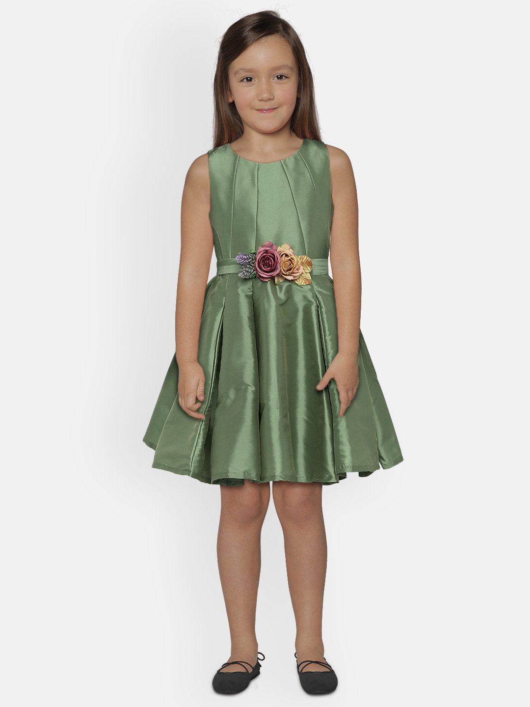 Buy Peppermint Girls Olive Green Solid Fit And Flare Dress Dresses