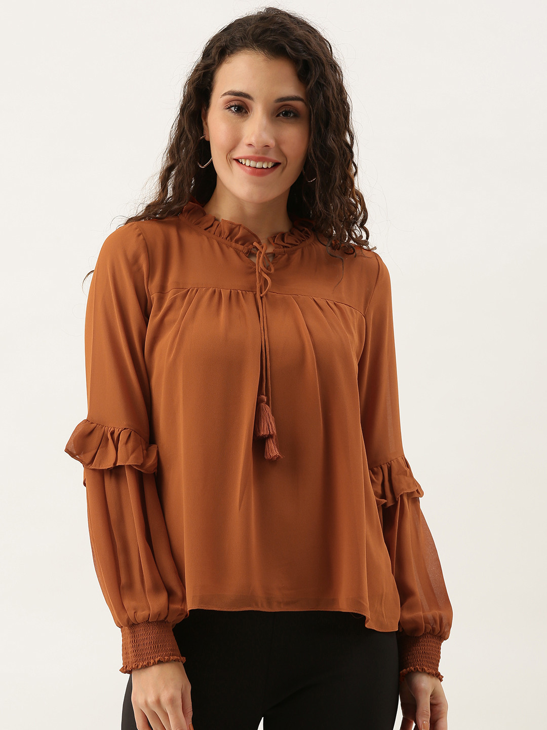 Buy AND Women Rust Brown Solid Top With Ruffles Tops for Women