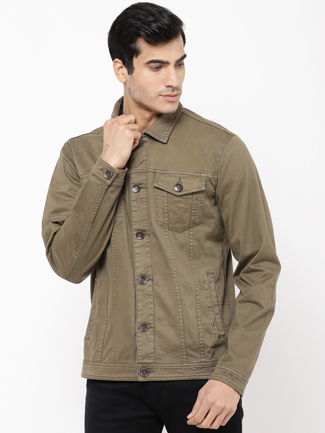 Buy STROP Men Olive Green Solid Denim Jacket Jackets for Men 11386778 Myntra
