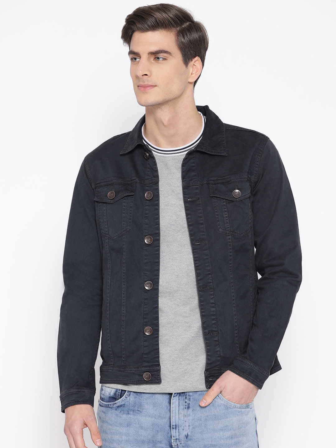 Buy STROP Men Navy Blue Solid Denim Jacket - Jackets for Men 11386798 ...