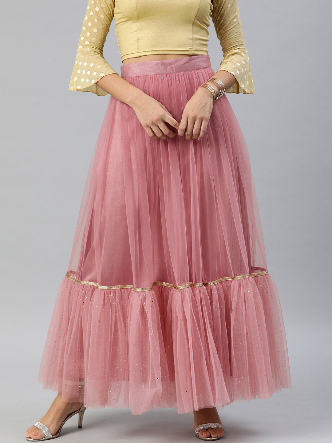 Buy Inddus Women Pink Embellished Net Flared Ruffle Maxi Skirt Skirts