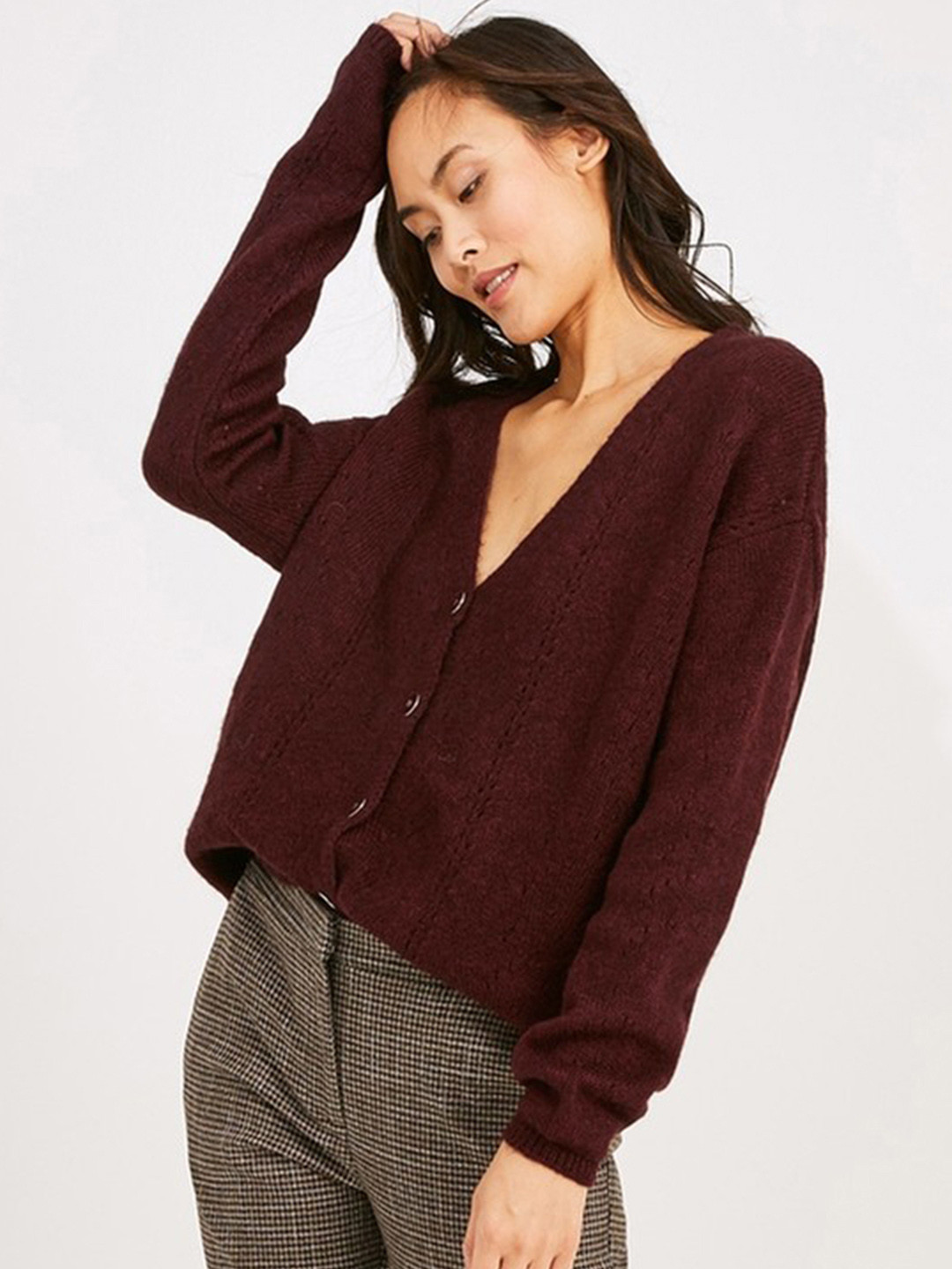 Buy Promod Women Burgundy Solid Front Open Sweater Sweaters for Women