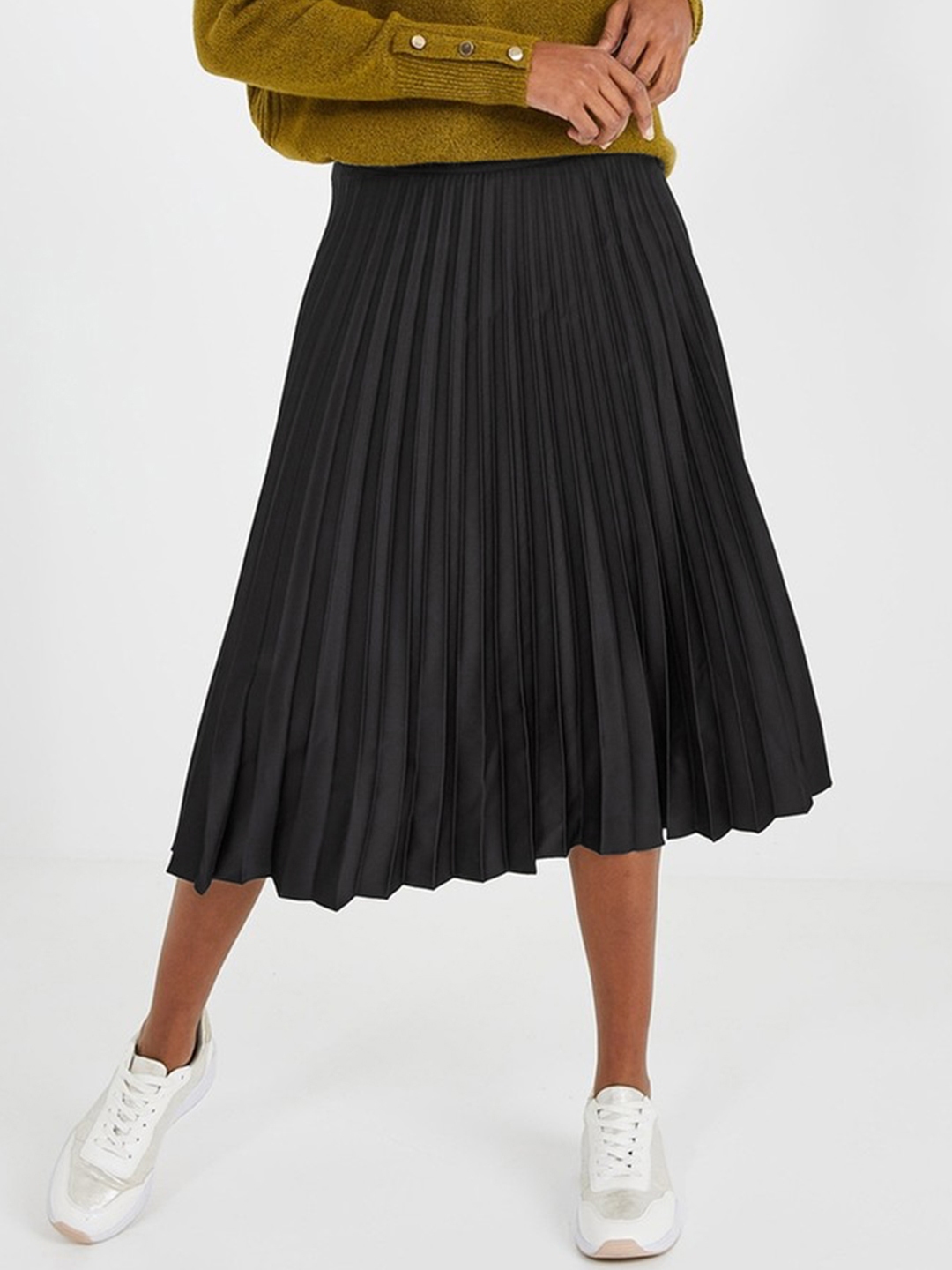 Buy Promod Women Black Solid Accordion Pleated Flared Midi Skirt ...