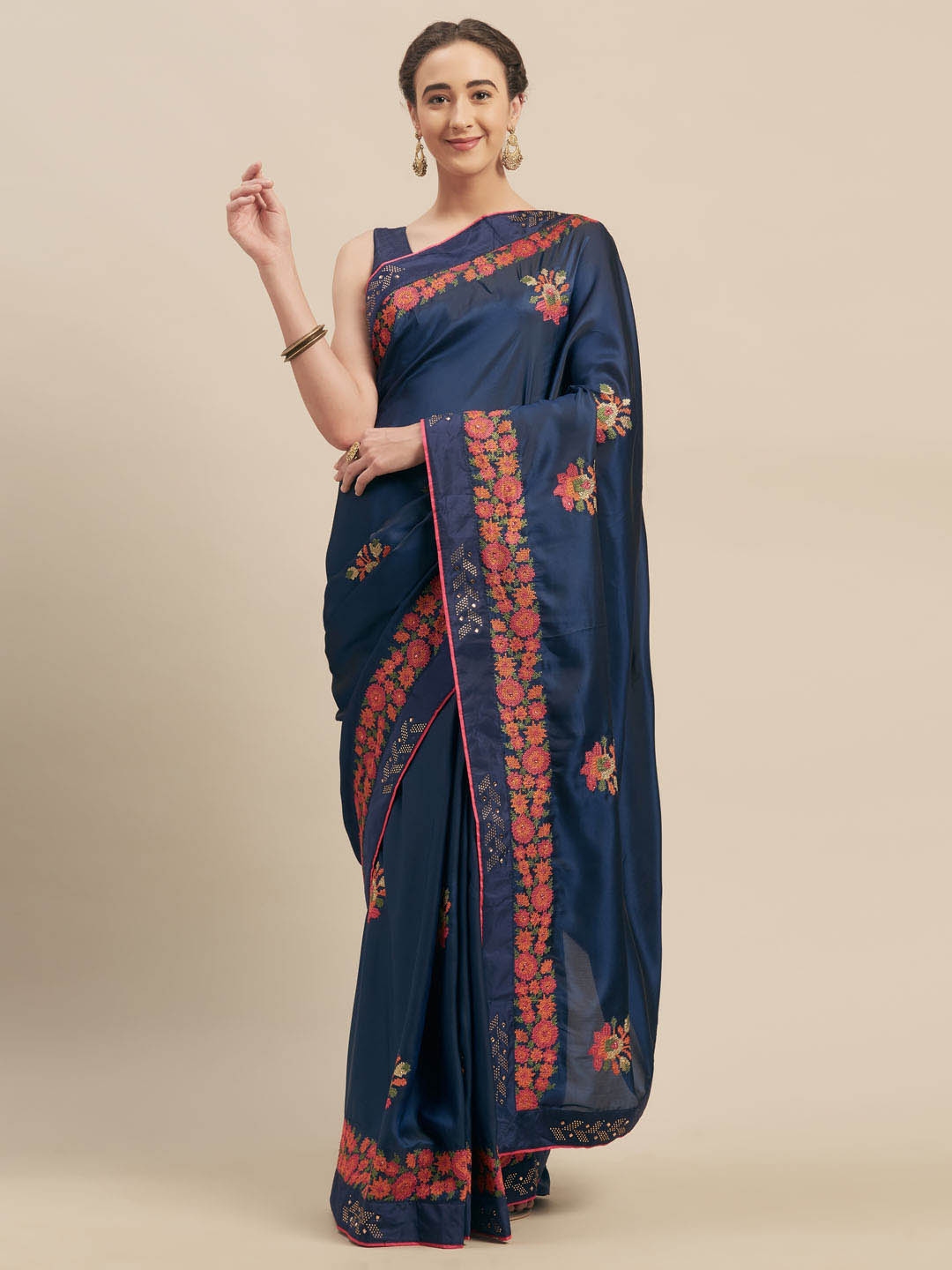 Buy Indian Women Navy Blue Embroidered Poly Silk Saree Sarees For Women 11393242 Myntra