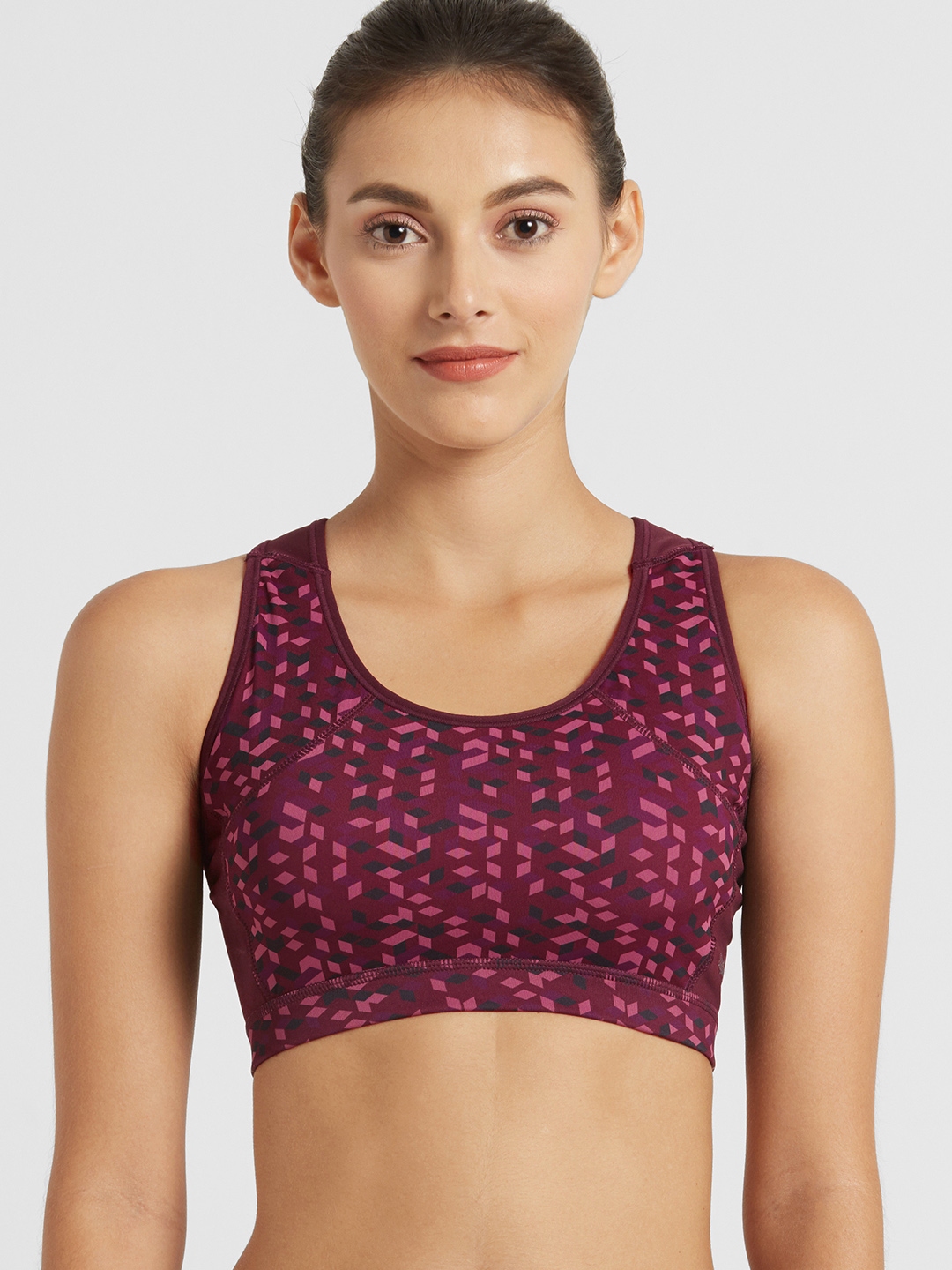 Buy Jockey Burgundy And Pink Printed Non Wired Heavily Padded Sports Bra Mi03 0103 450wt Bra For 