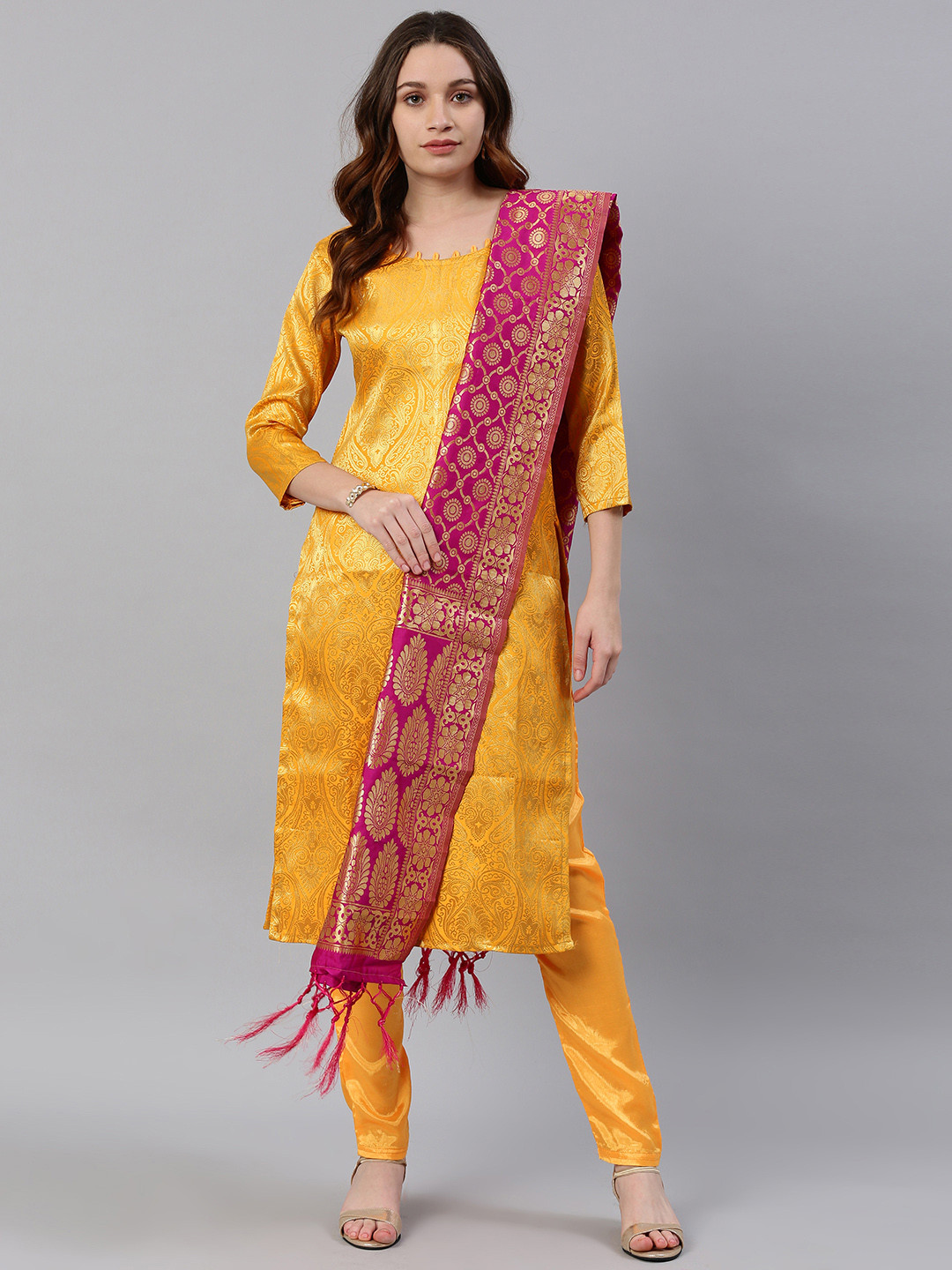 Buy Satrani Yellow & Pink Silk Blend Unstitched Dress Material - Dress Material for Women 
