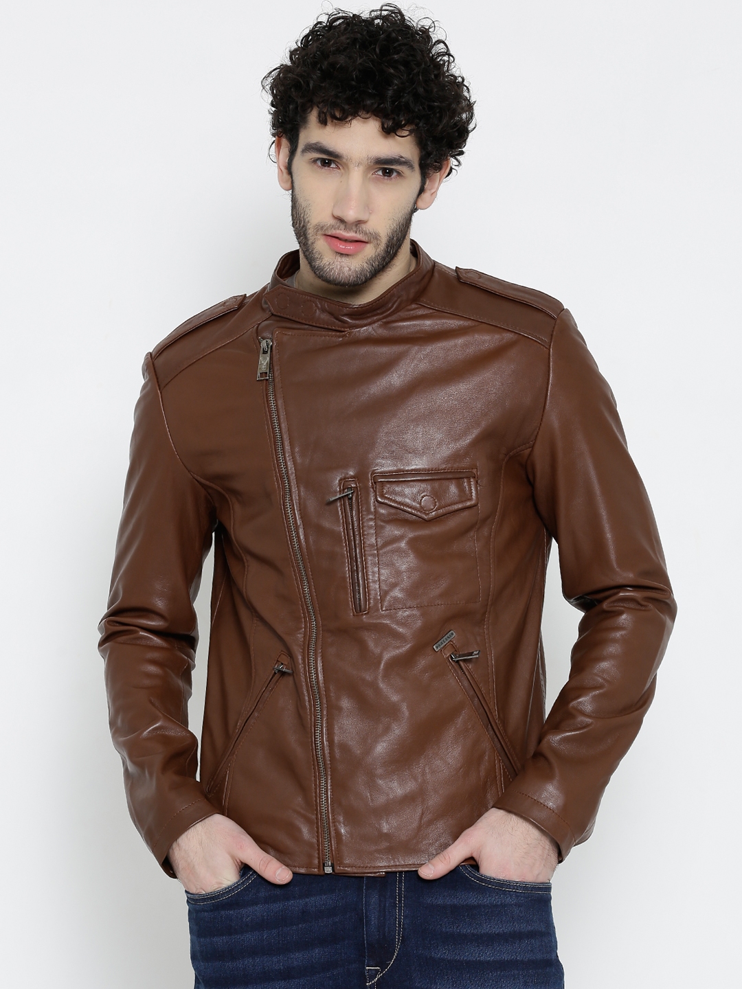 Buy BARESKIN Brown Leather Biker Jacket - Jackets for Men 1139687 | Myntra