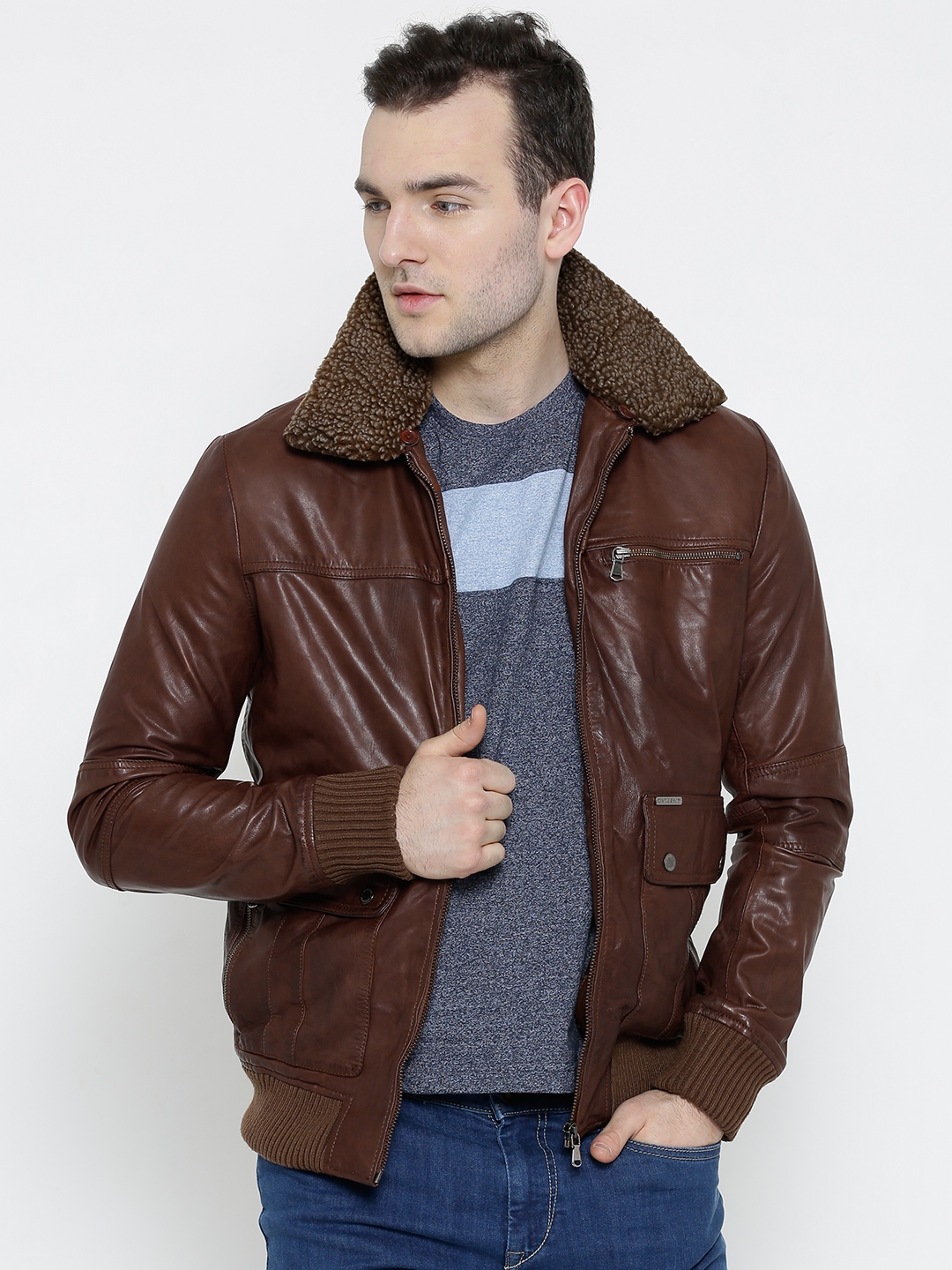 Buy BARESKIN Brown Leather Jacket With Detachable Collar - Jackets for ...