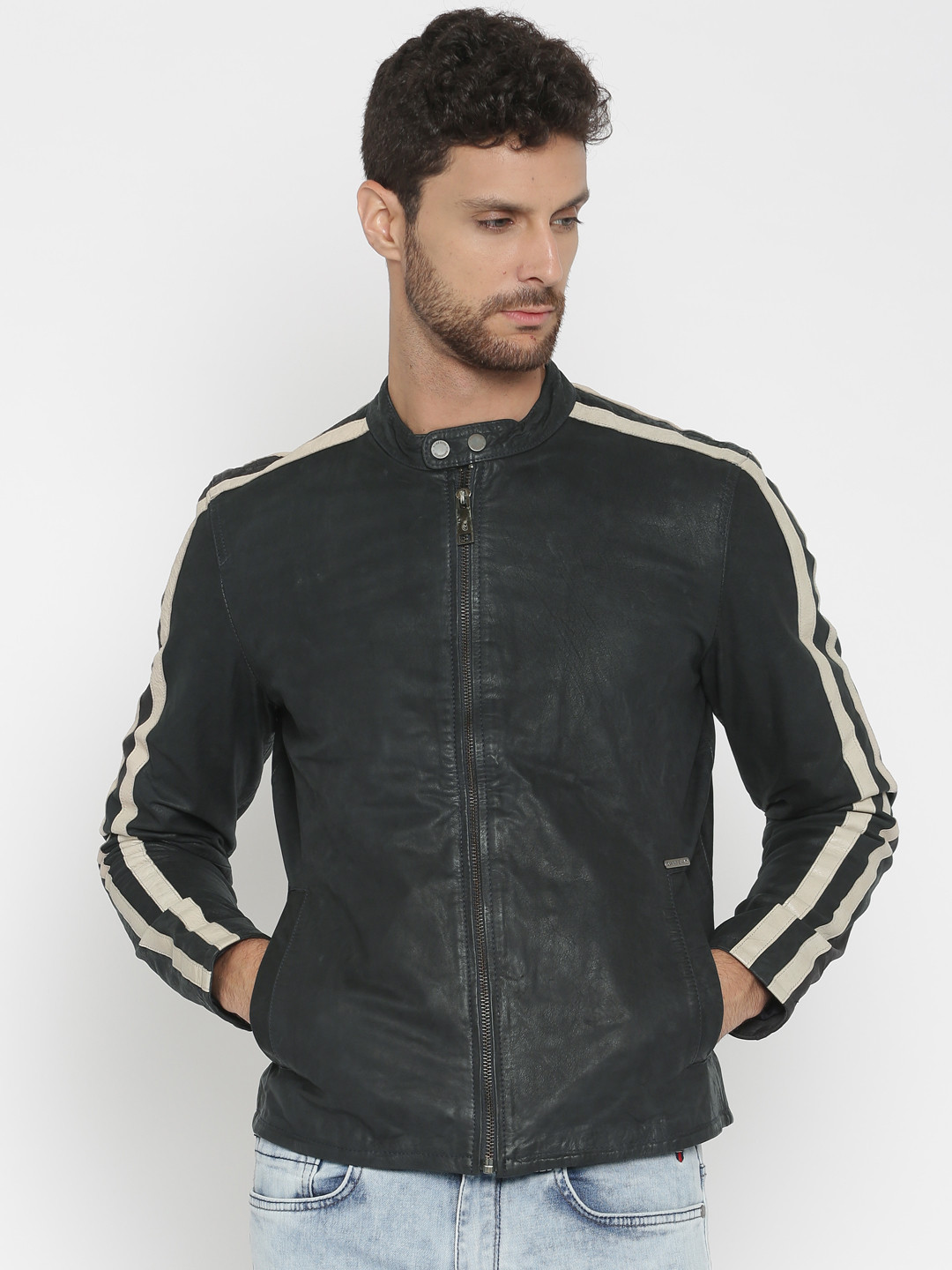 Men Navy Full Sleeve Biker Jacket