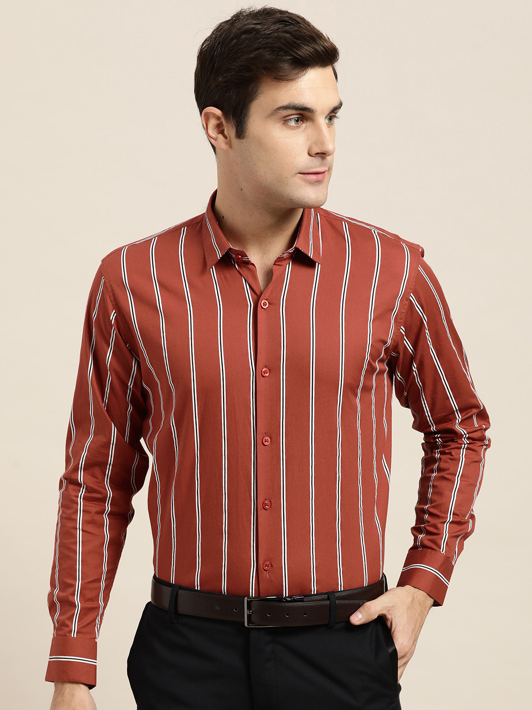 red and white striped formal shirt