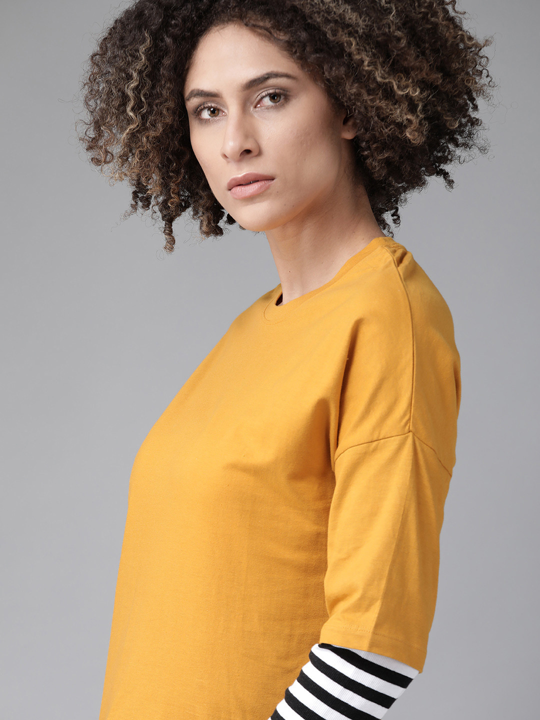 Buy Roadster Women Mustard Yellow Solid Round Neck Pure Cotton T Shirt