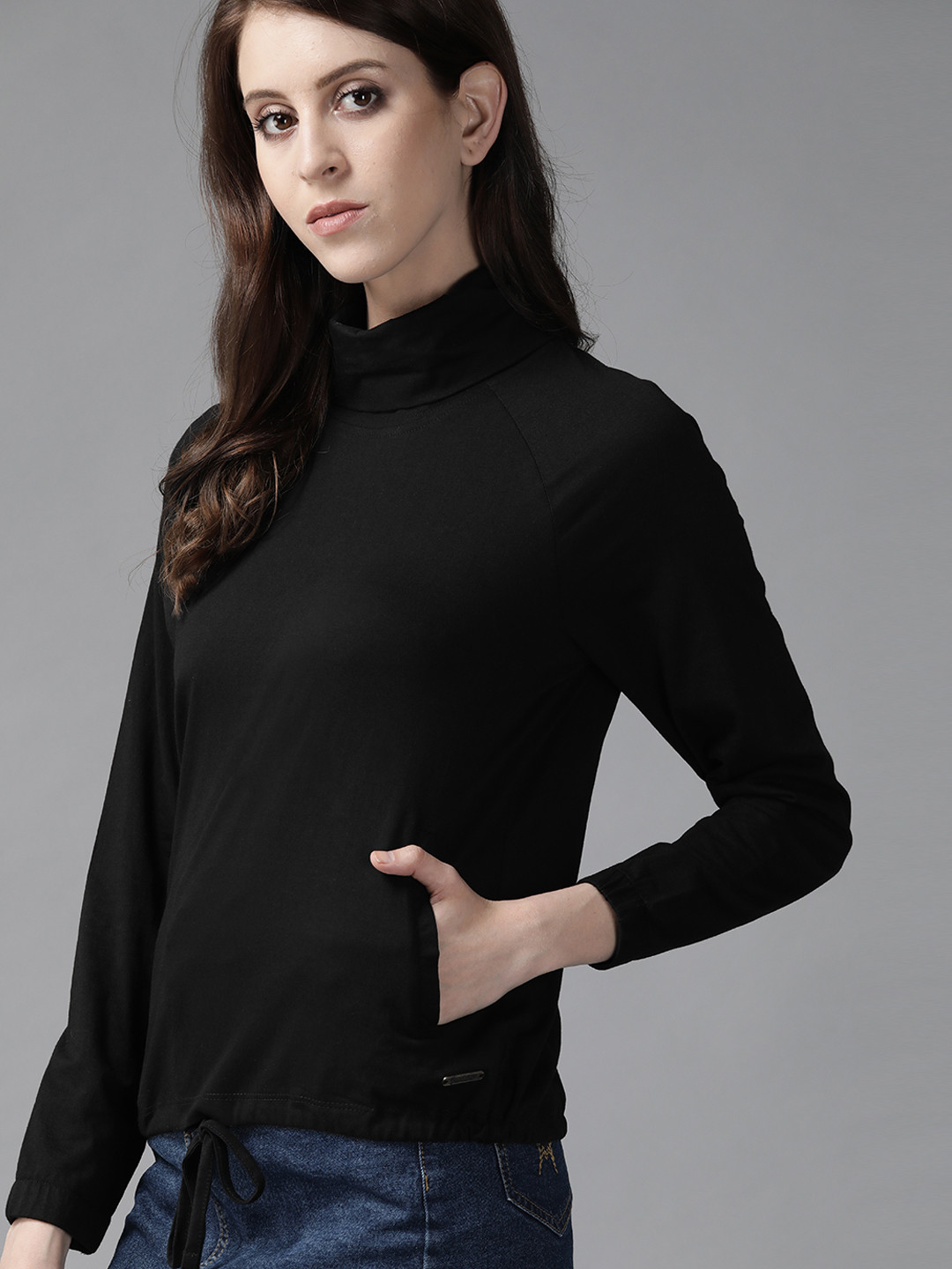 Buy Roadster Women Black Turtle Neck Solid Blouson Pure Cotton Top - Tops for Women 11398814 