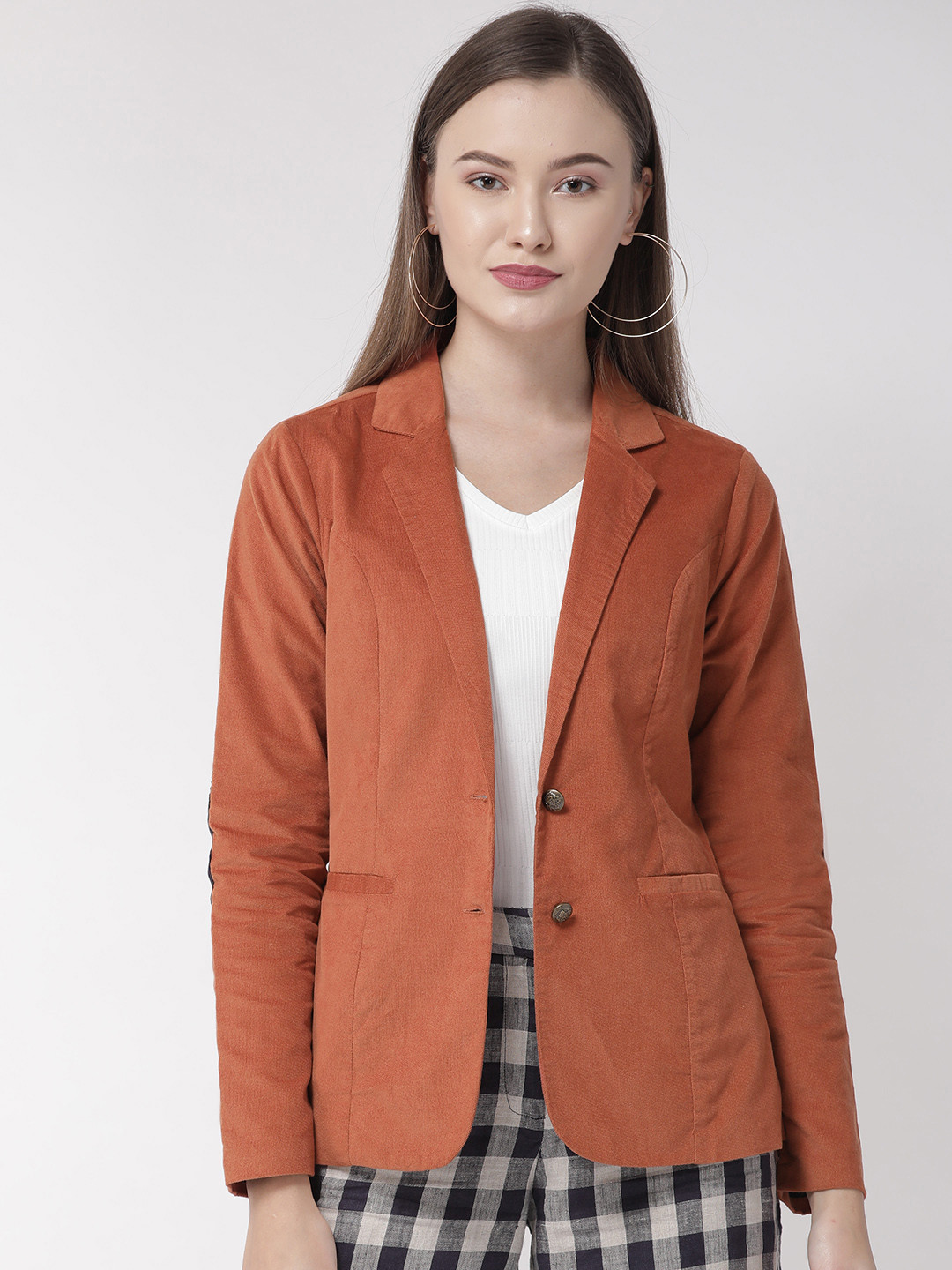 Buy QUIERO Women Rust Orange Solid Tailored Fit Single Breasted ...