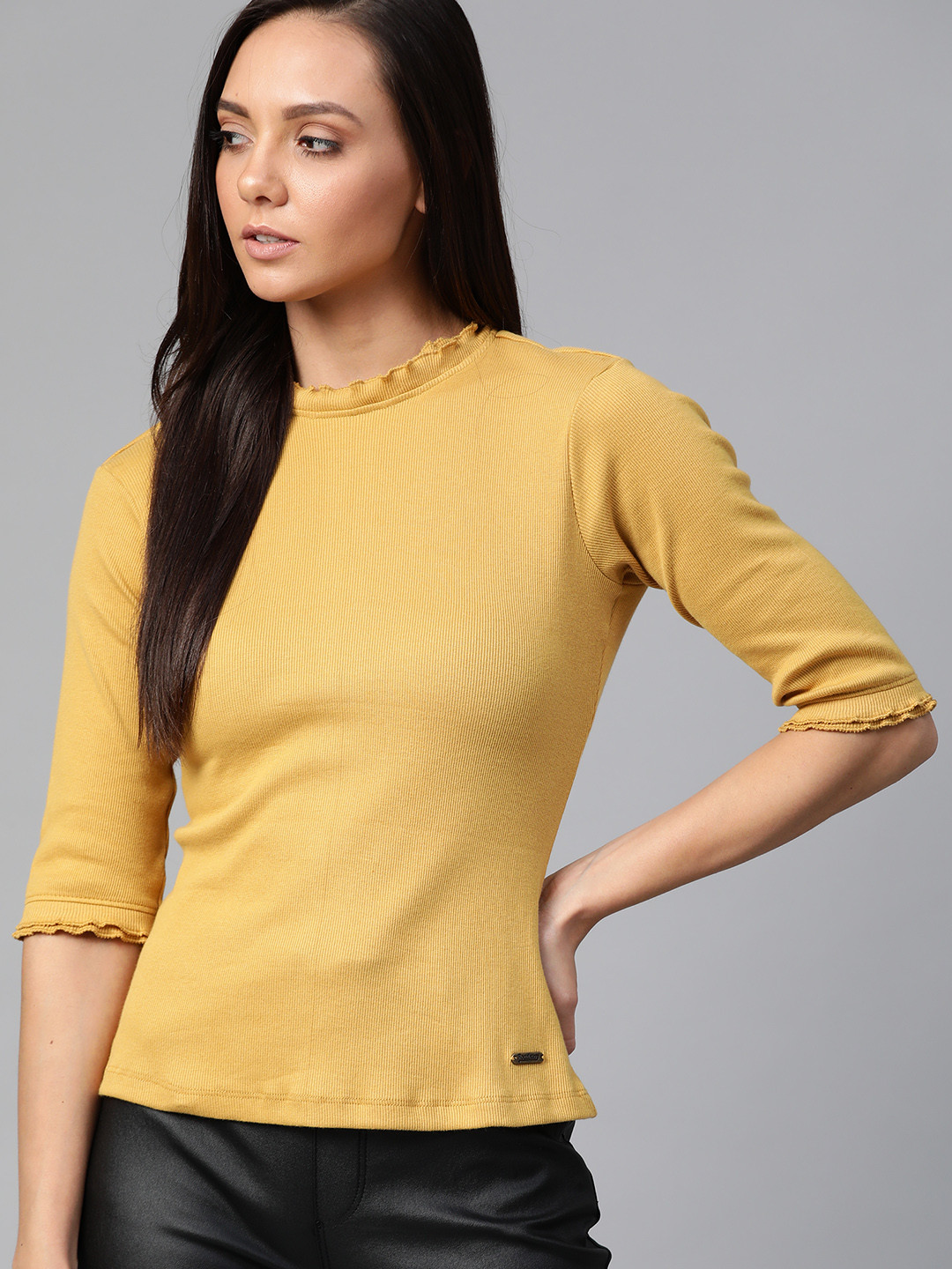 Buy Roadster Women Mustard Yellow Ribbed Pure Cotton Top Tops for