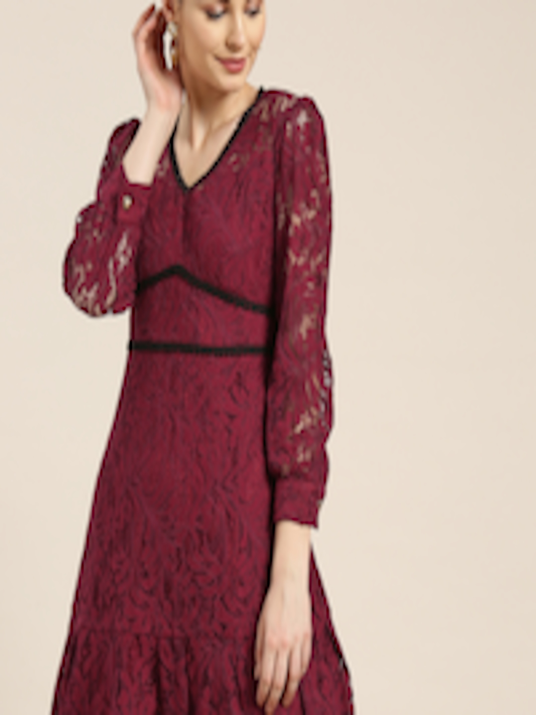 Buy WoowZerz Women Burgundy A Line Lace Dress - Dresses for Women ...