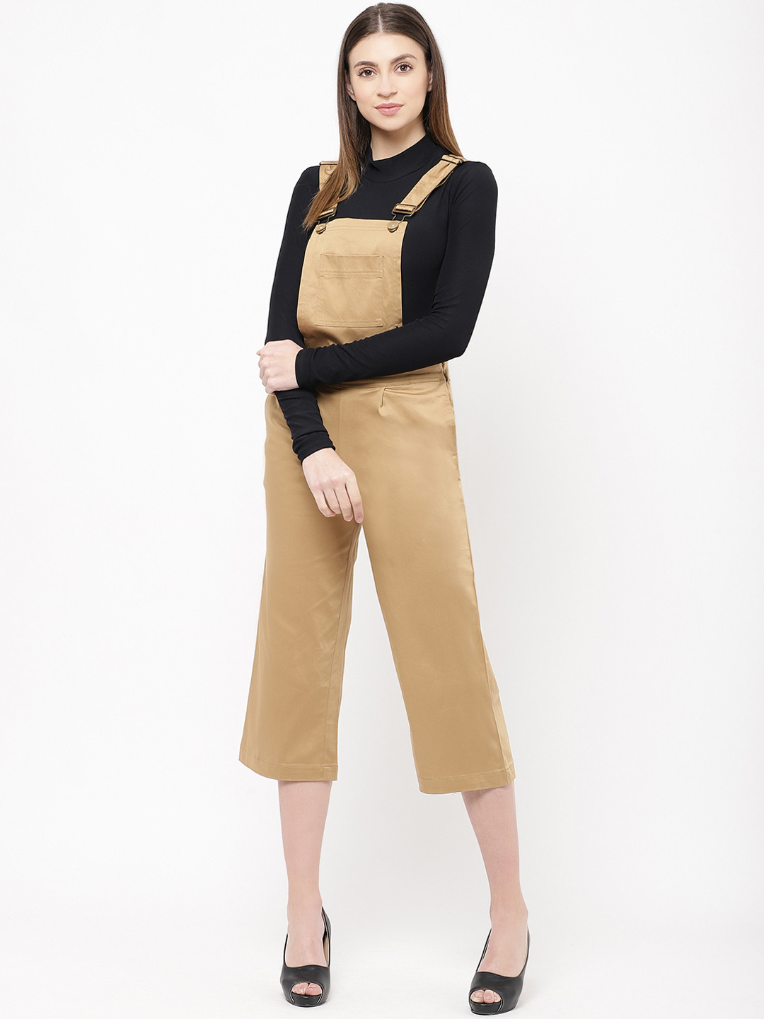 Buy UrSense Women Khaki Solid Knee Length Dungarees Dungarees for