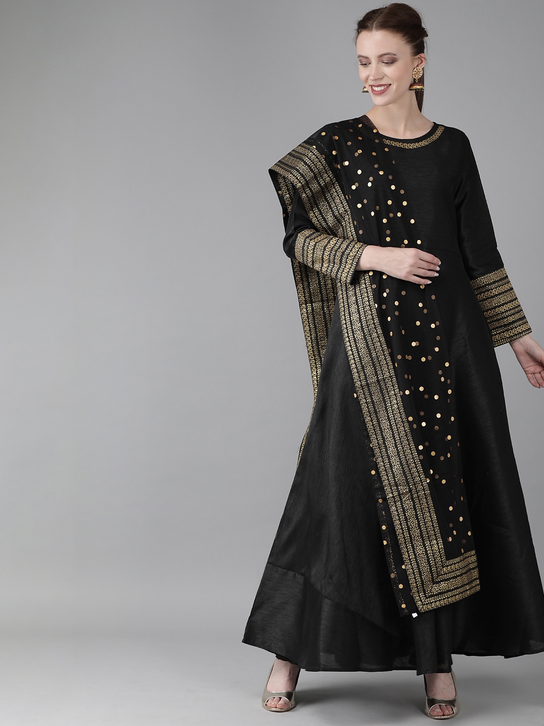 Buy Ahalyaa Women Black Solid Fit And Flare Dress With Dupatta Ethnic Dresses For Women 8917