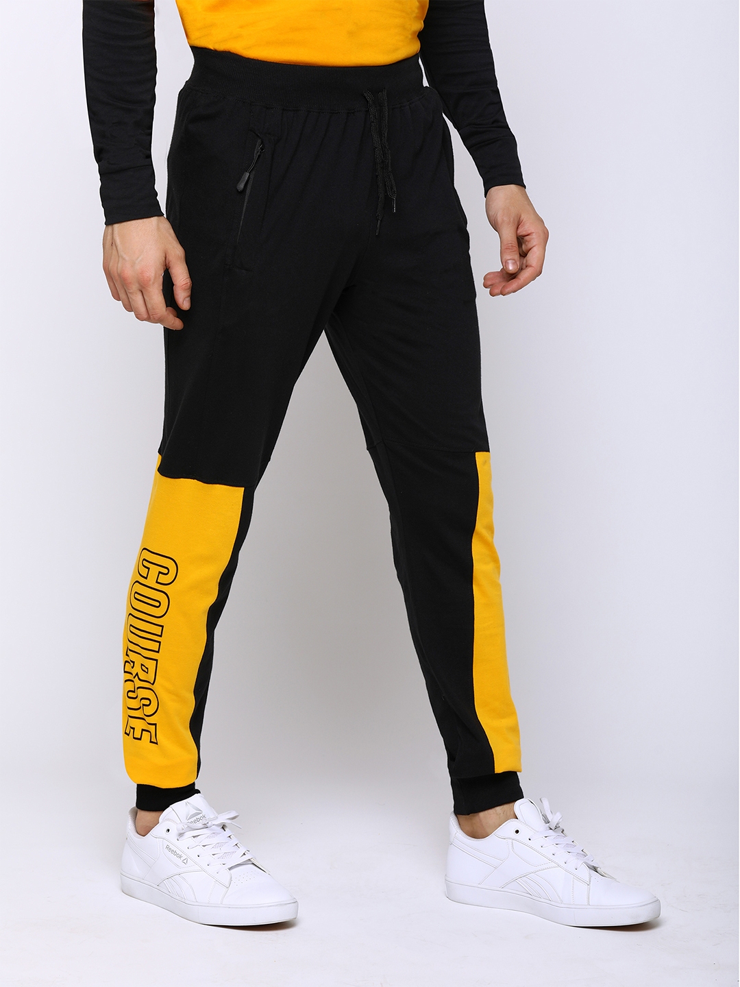 black yellow stripe joggers