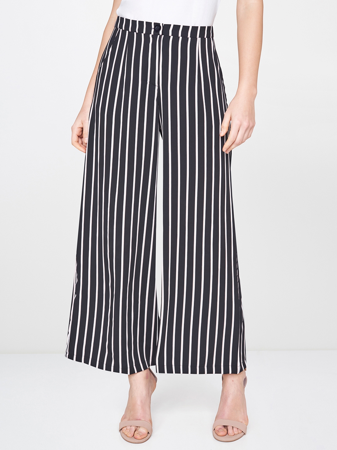 Buy AND Women Black & White Regular Fit Striped Parallel Trousers ...