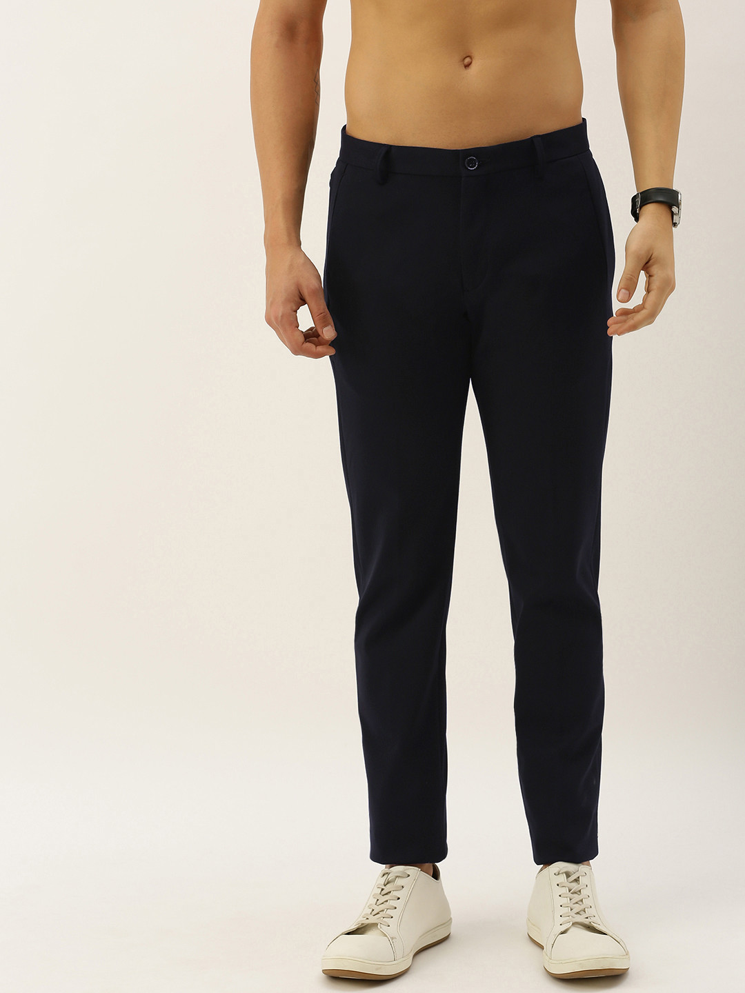 Buy Flying Machine Men Navy Blue Super Slim Fit Solid Regular Trousers ...