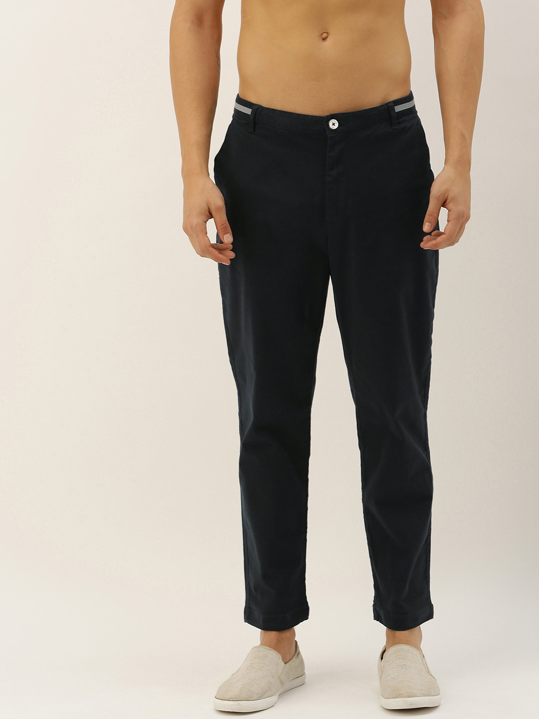 Buy Flying Machine Men Navy Blue Slim Fit Striped Regular Trousers ...