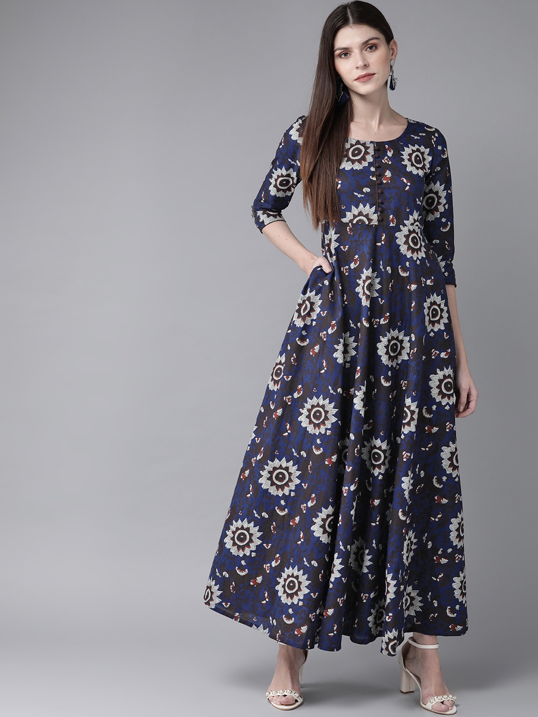 Buy Aks Women Navy Blue And Grey Printed Maxi Dress Dresses For Women 11417992 Myntra 1370