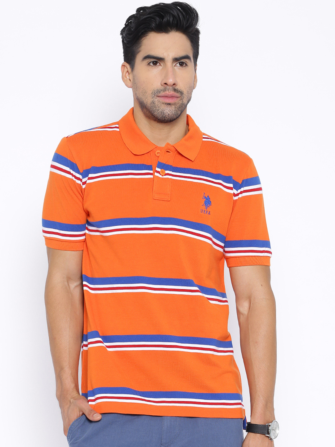 Buy U.S. Polo Assn. Orange Striped Polo Pure Cotton T Shirt Tshirts