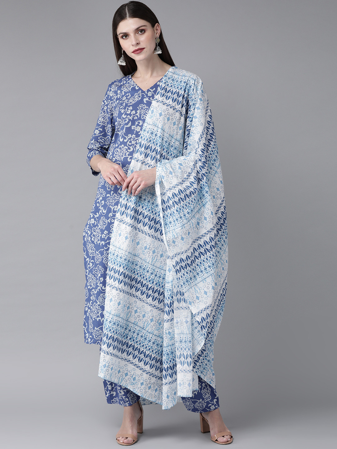 Buy AKS Women Blue & White Printed Kurta With Salwar & Dupatta - Kurta ...