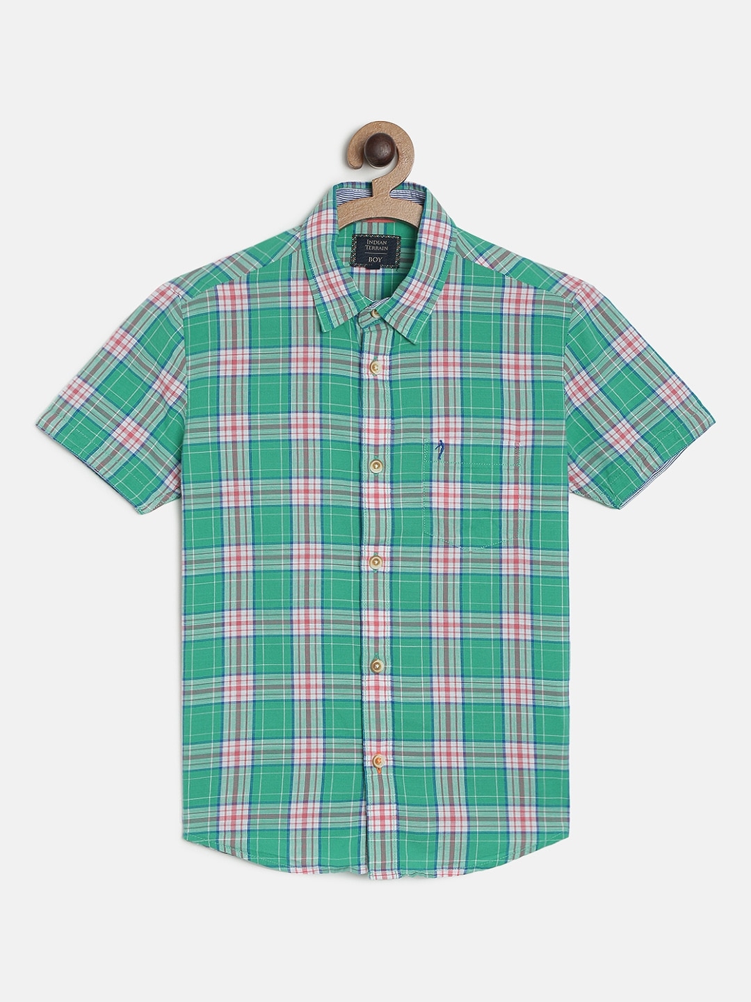 Buy Indian Terrain Boys Green & White Regular Fit Checked Casual Shirt ...