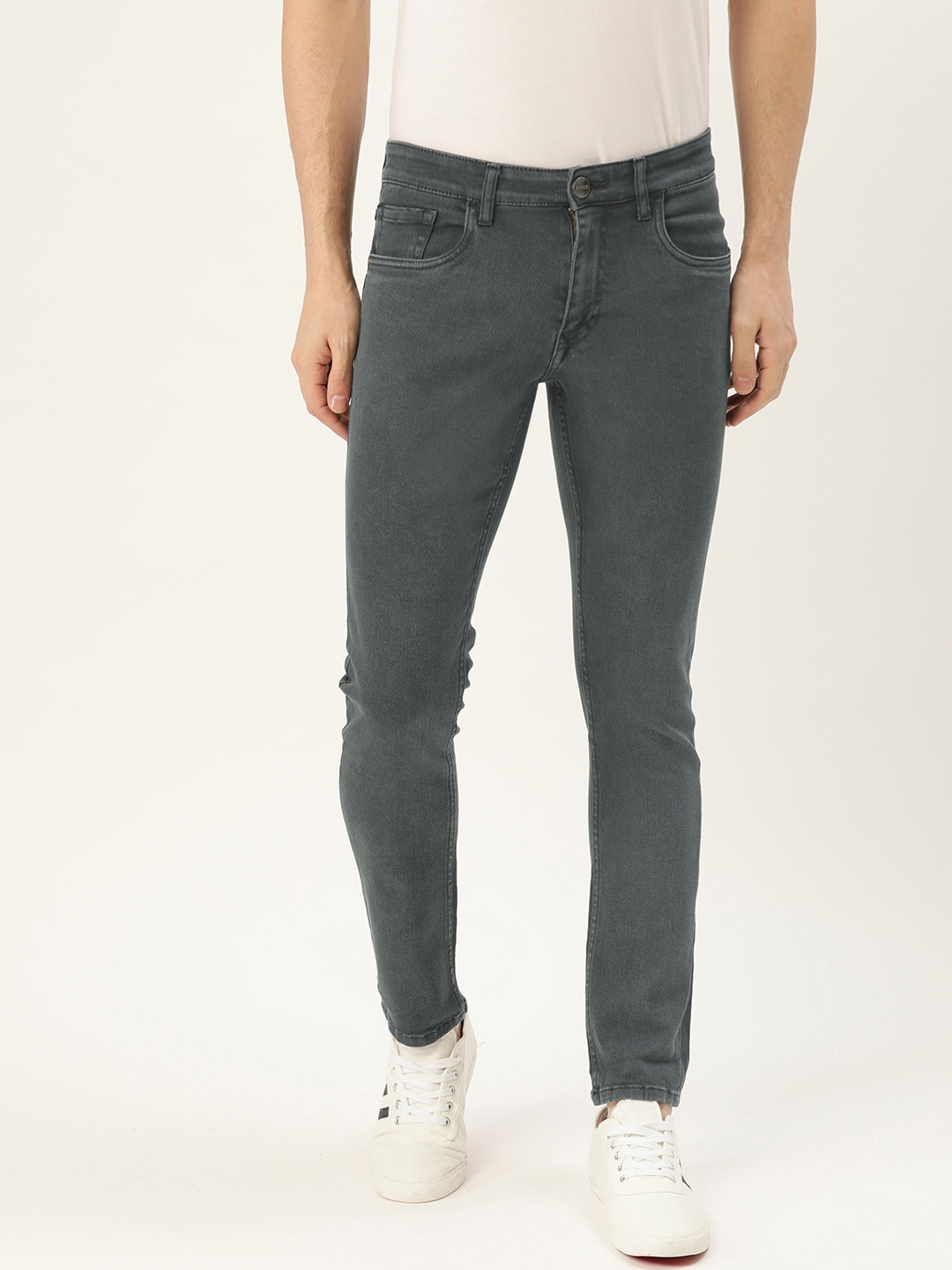 Buy SINGLE Men Charcoal Grey Slim Fit Mid Rise Clean Look Stretchable