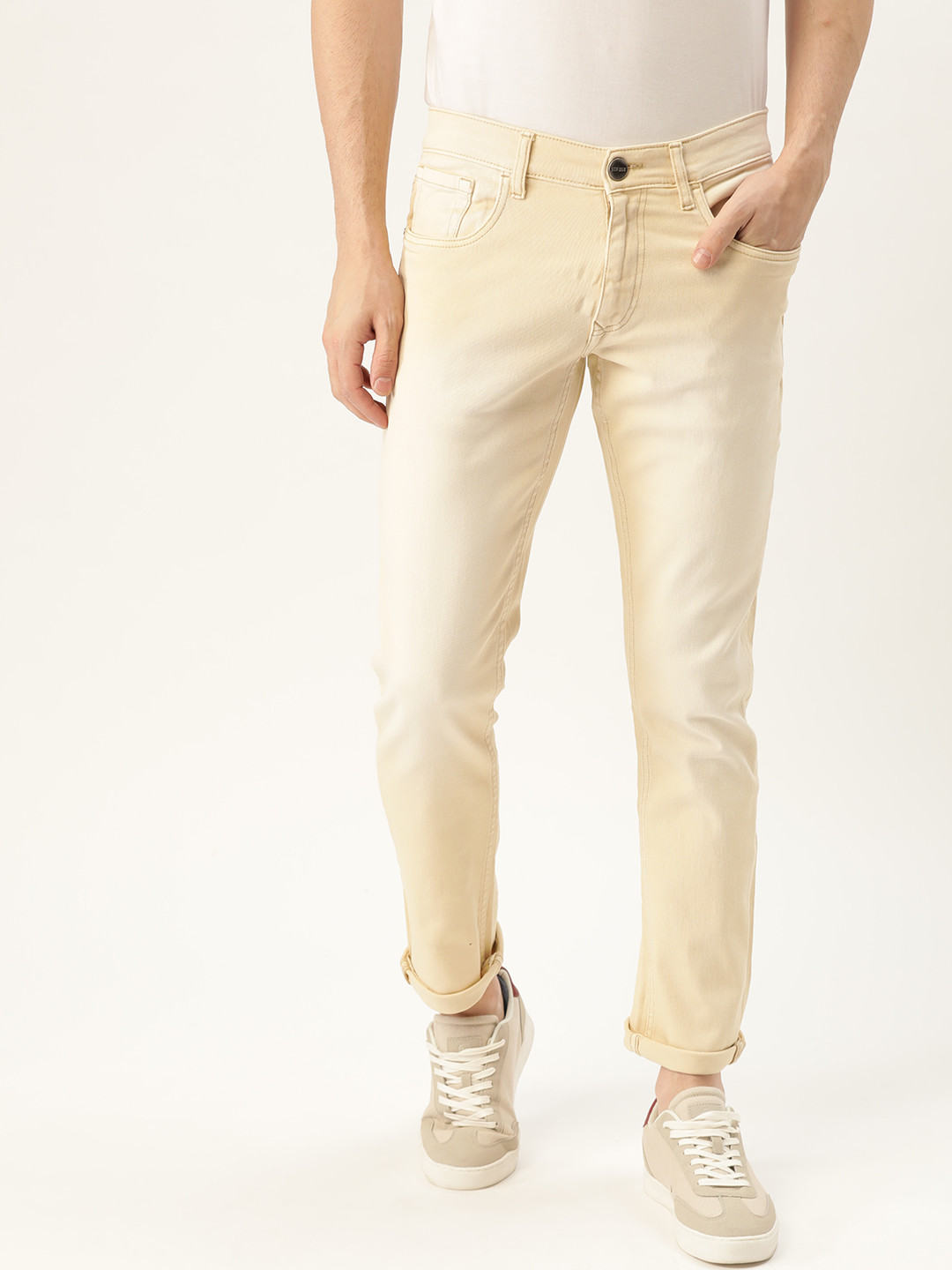Buy SINGLE Men Cream Coloured Slim Fit Mid Rise Clean Look Stretchable