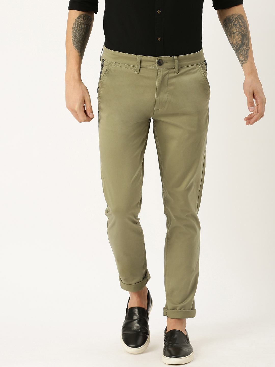 Buy SINGLE Men Olive Green Regular Fit Solid Chinos - Trousers for Men ...