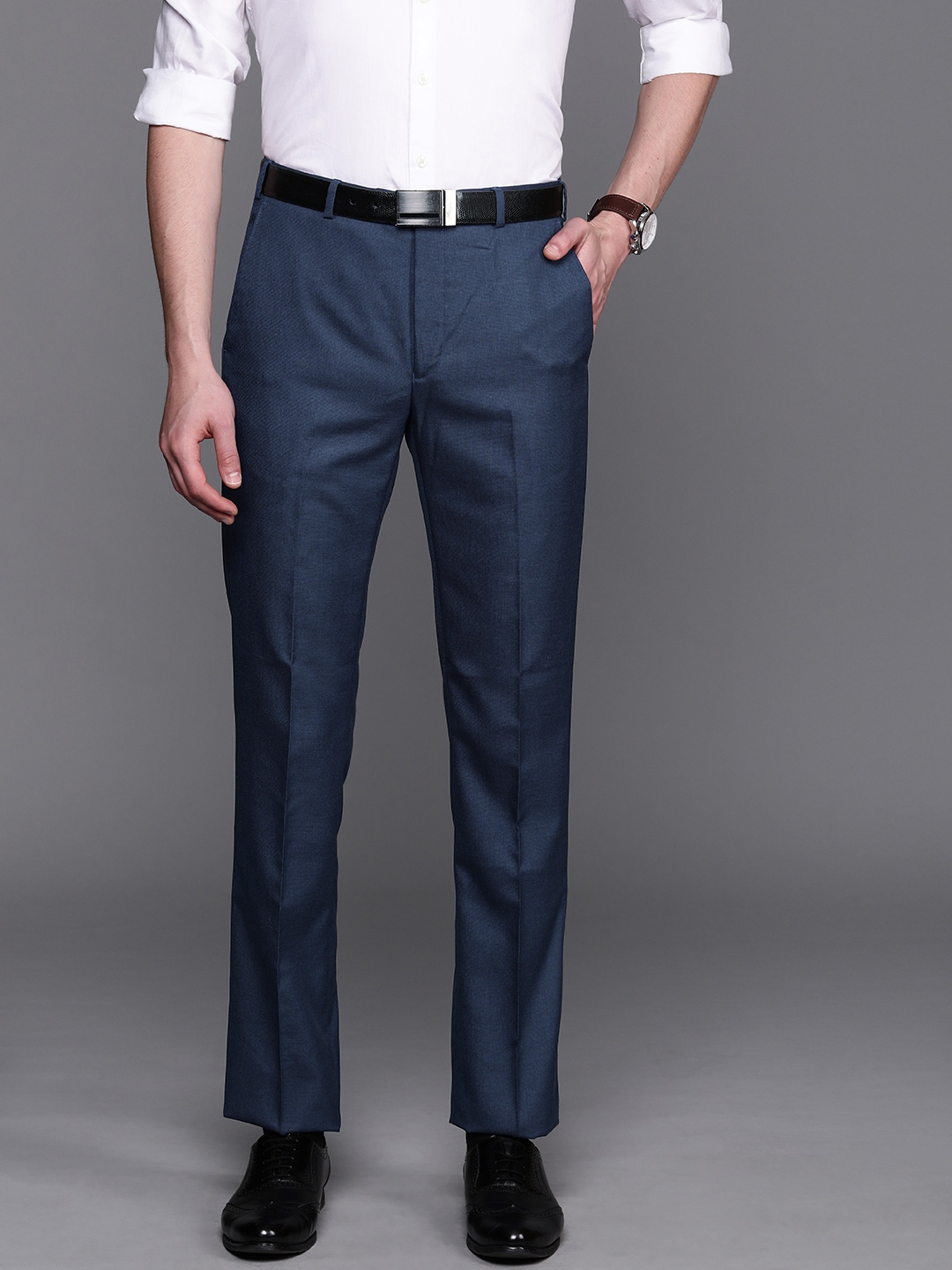 Buy Raymond Men Blue Contemporary Fit Checked Regular Trousers ...