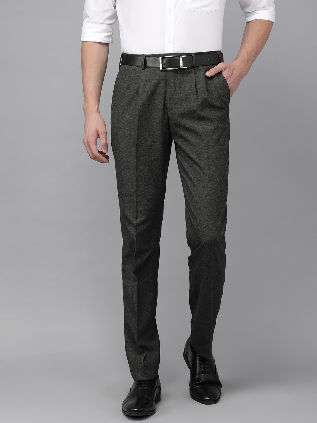 Buy Park Avenue Men Grey Super Slim Fit Self Design Formal Trousers ...