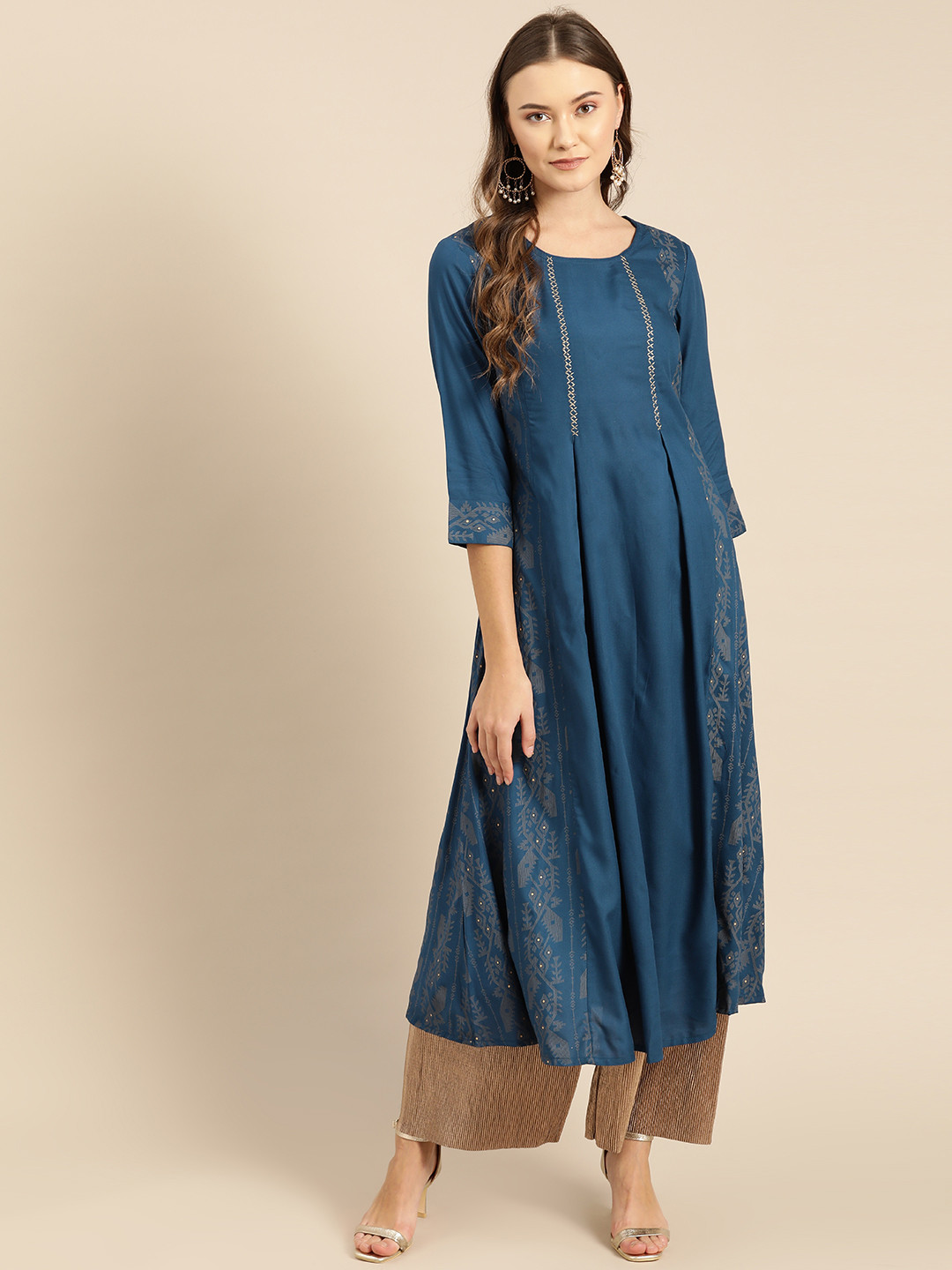 Women Navy Blue Printed A-Line Kurta main image 1