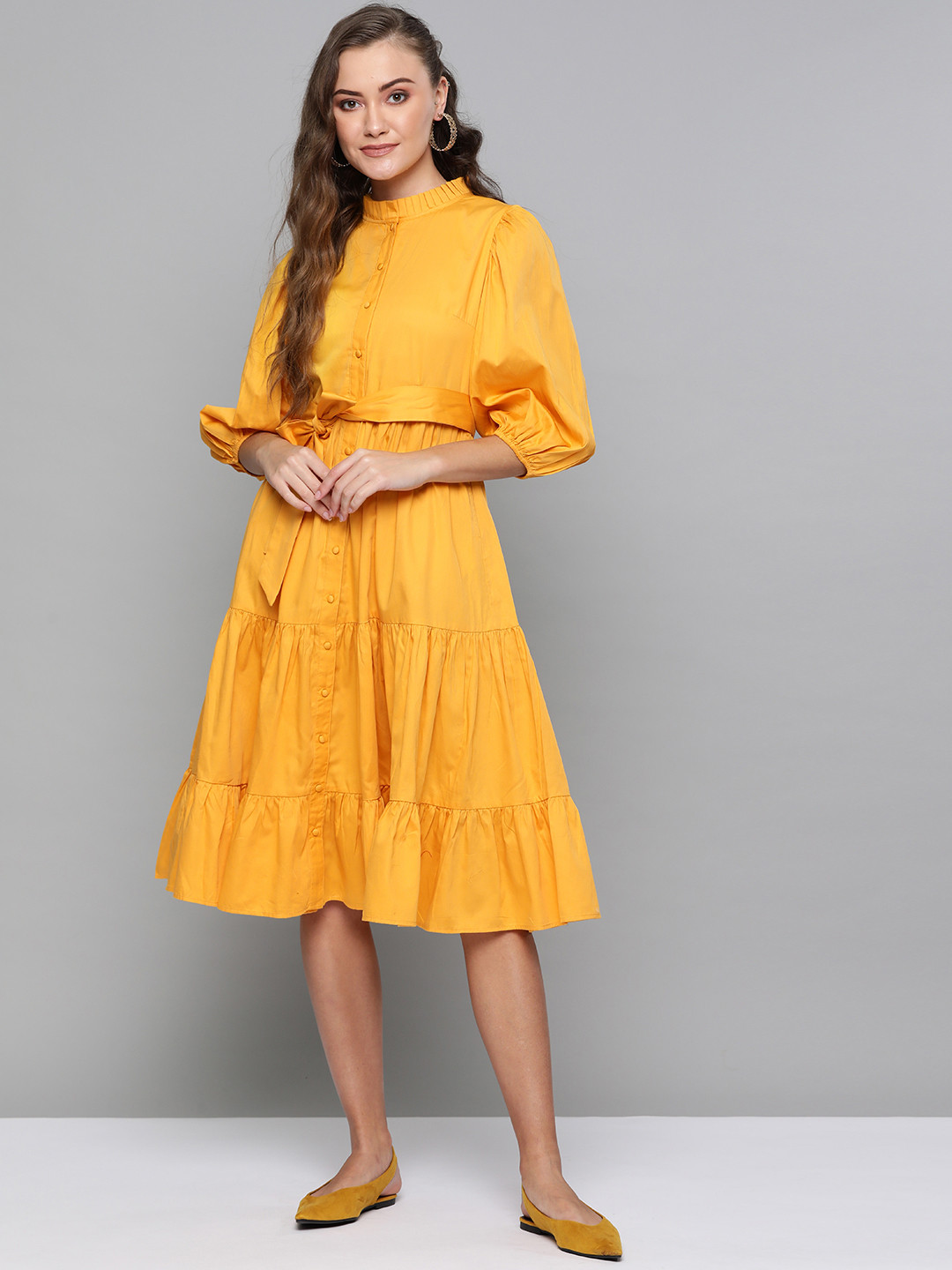 Buy Femella Women Mustard Yellow Solid Tiered A Line Dress Dresses