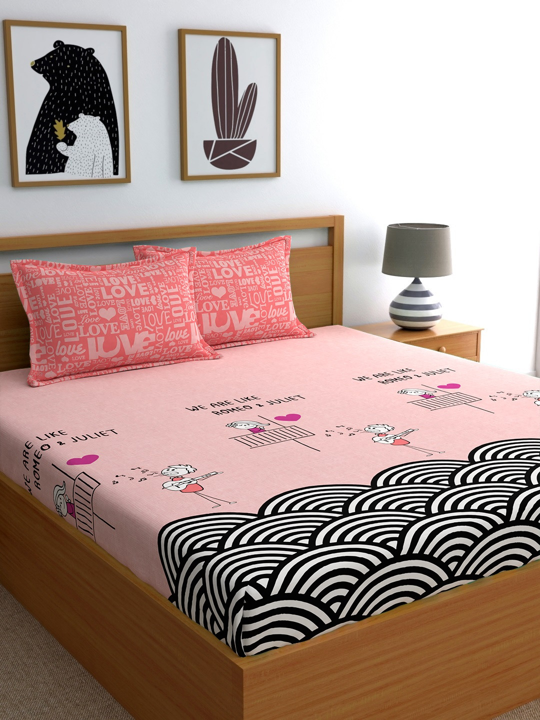 Buy My Room Pink & Black 210 TC Cotton Double Queen Bedsheet With 2
