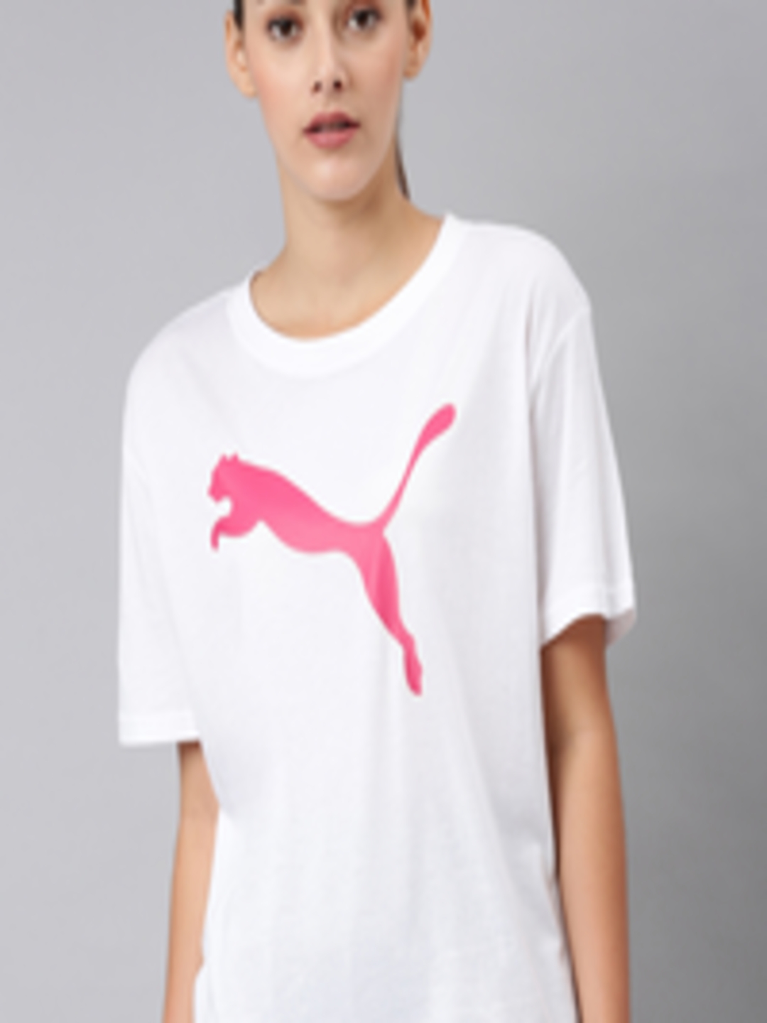 Buy Puma Women White & Pink Printed Round Neck Modern Sports Logo T ...