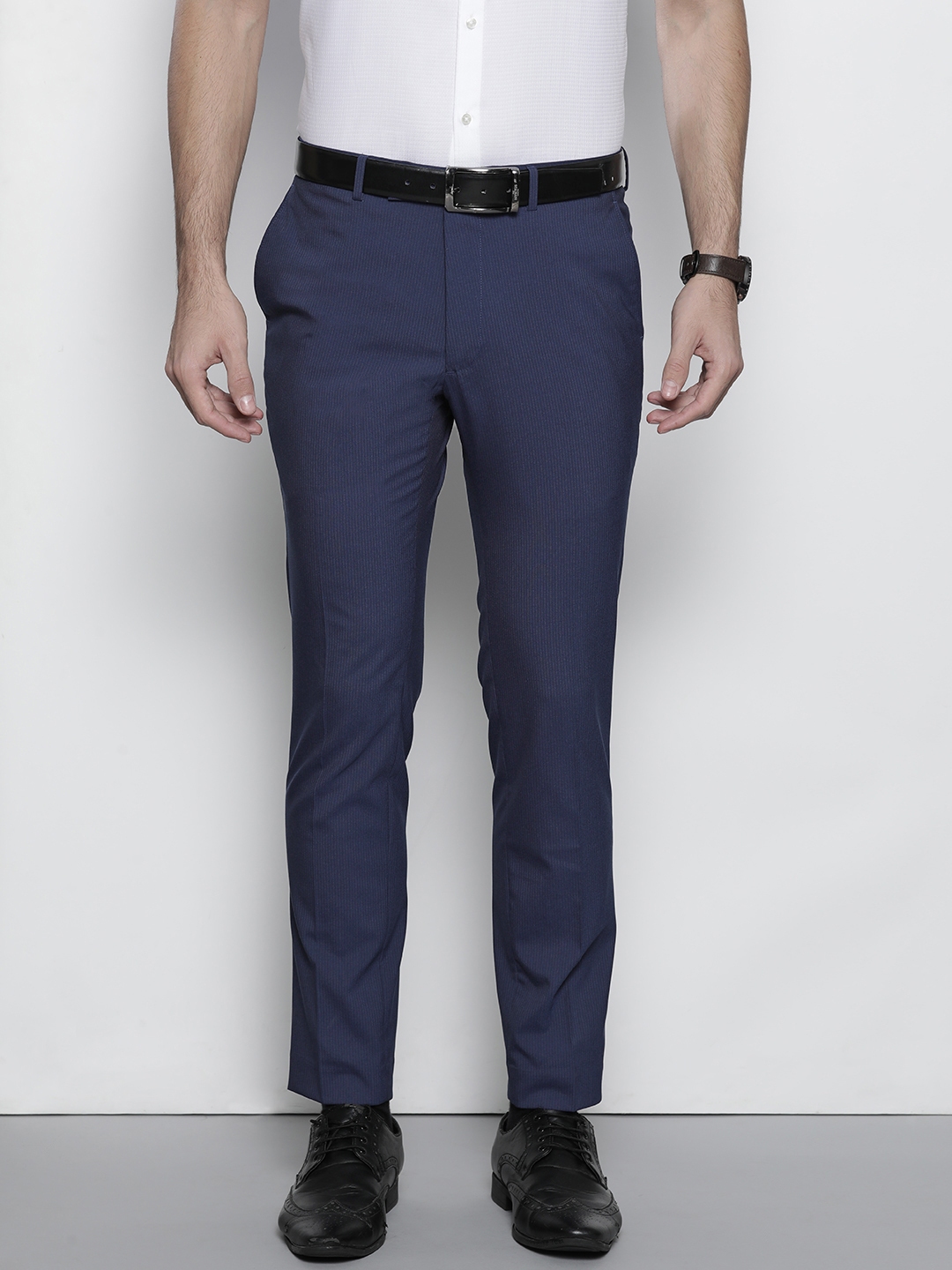 Buy Marks & Spencer Men Navy Blue Skinny Fit Striped Formal Trousers ...